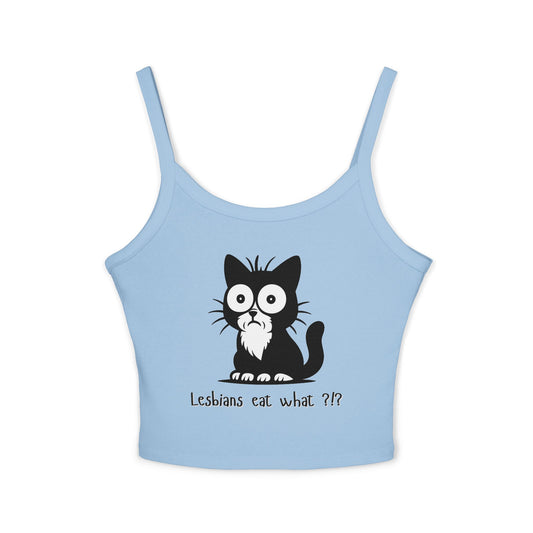 Front view of baby blue cropped tank featuring black cartoon cat and "Lesbians eat what??"