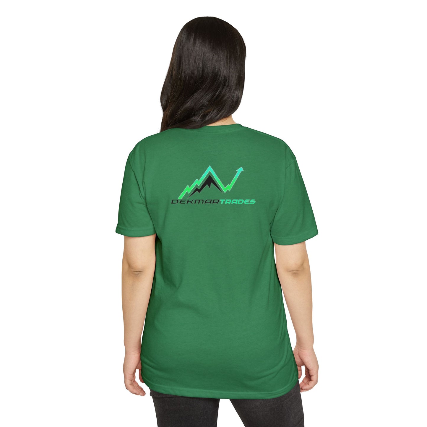 Female model back view on green tee featuring line chart mountains, up arrow, Dekmar Trades