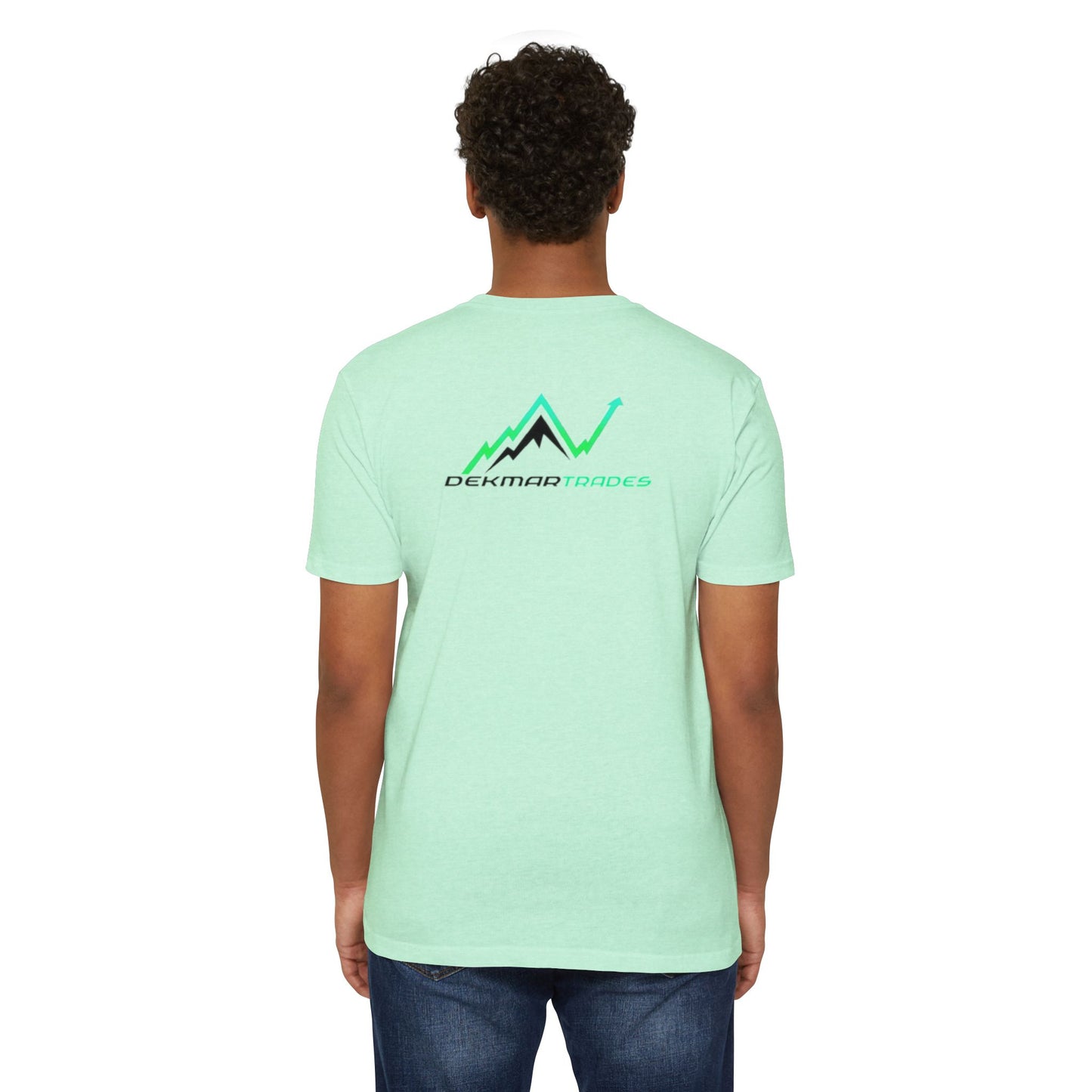 Male model back in CVC mint tee, Dekmar Trades peaks and green checkmark design