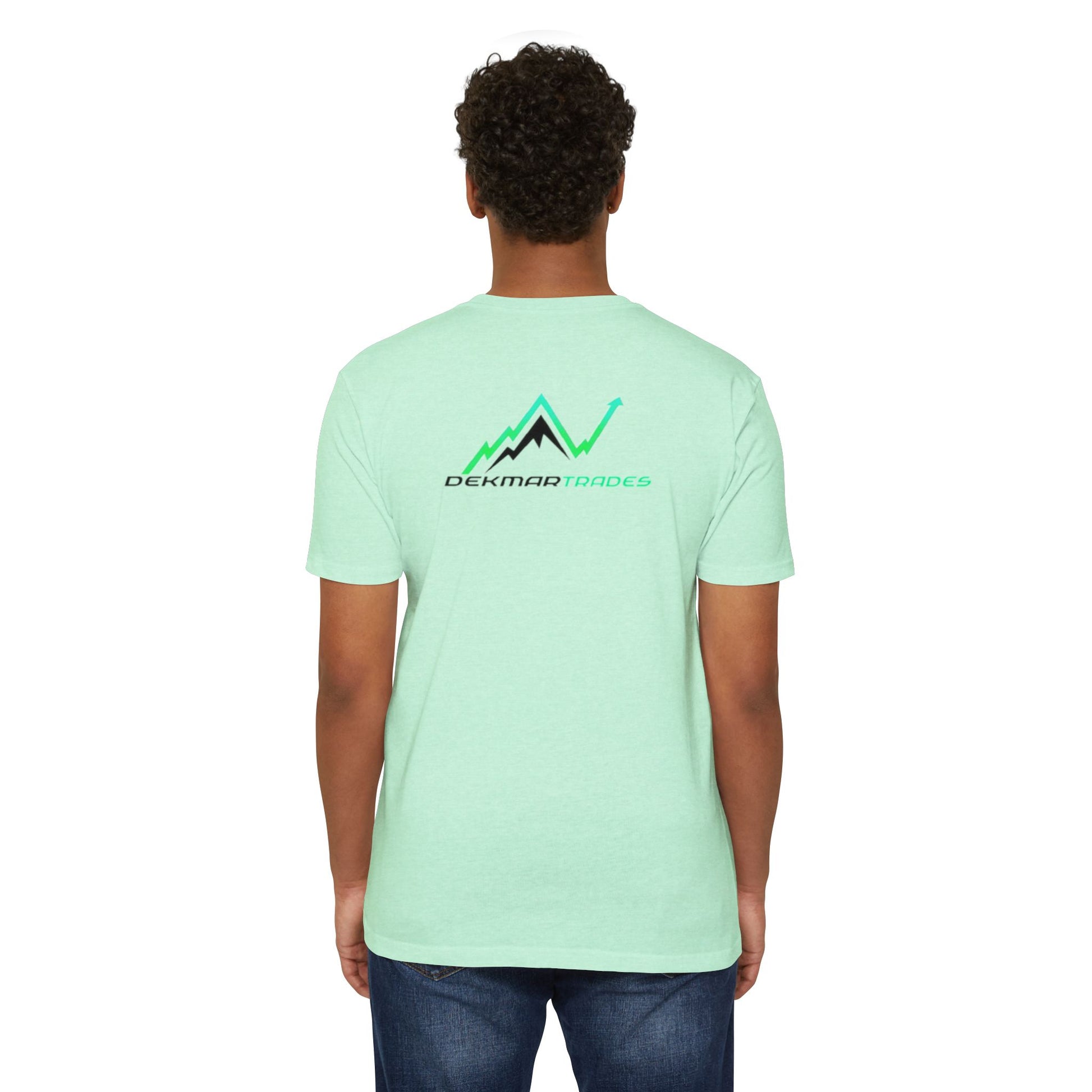 Male model back in CVC mint tee, Dekmar Trades peaks and green checkmark design
