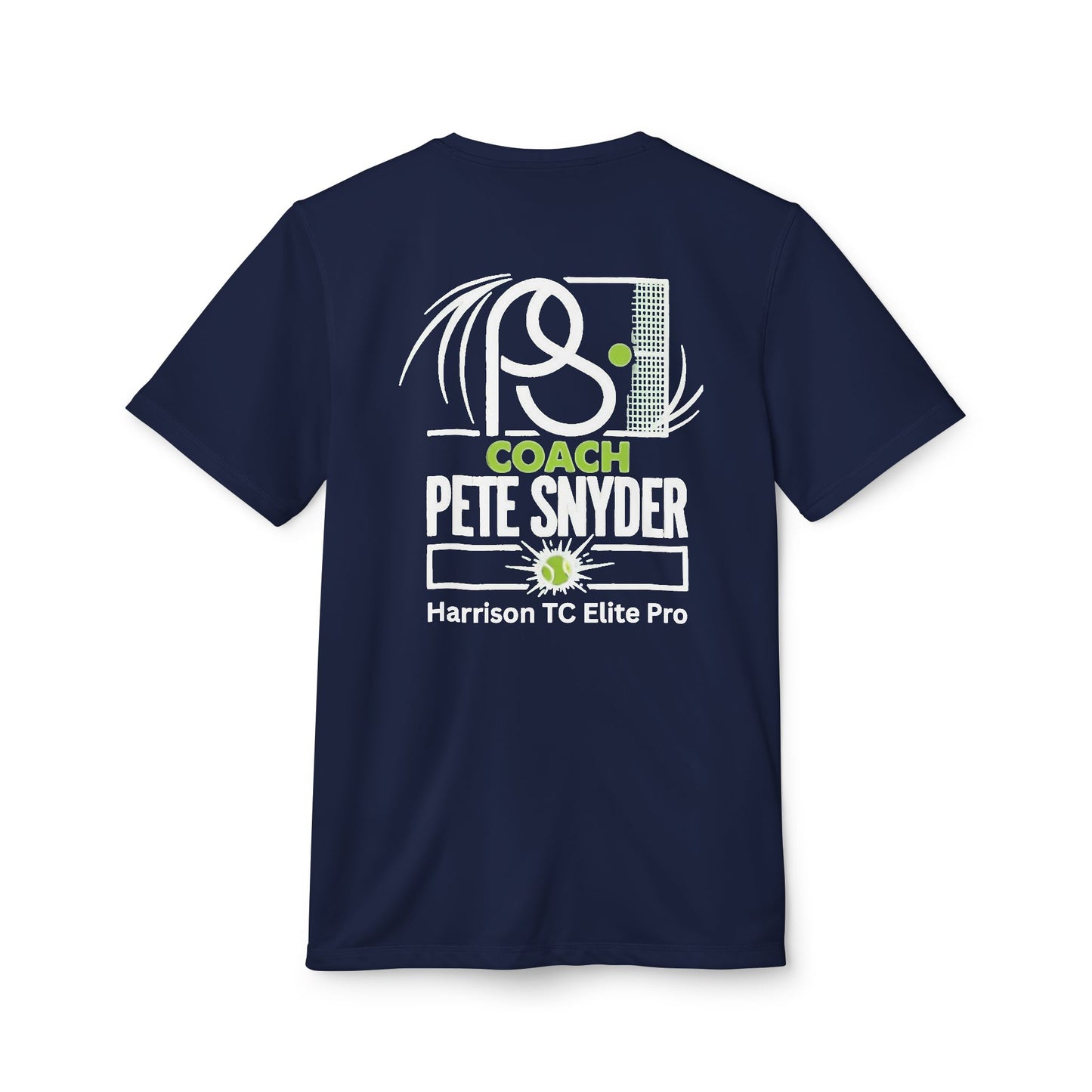 Flat lay back of navy Coach Pete Snyder adidas T-shirt, bold white "COACH PETE SNYDER Harrison TC Elite Pro" with tennis racket and ball