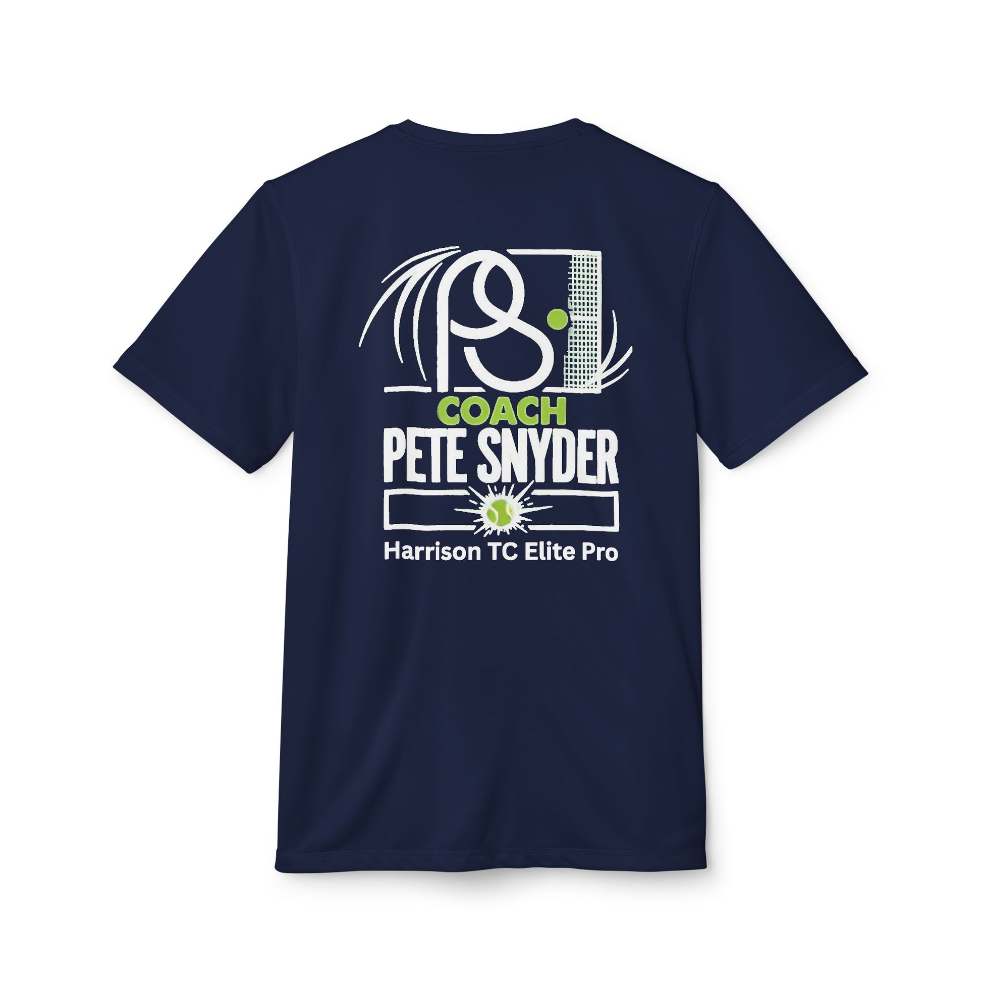 Flat lay back of navy Coach Pete Snyder adidas T-shirt, bold white "COACH PETE SNYDER Harrison TC Elite Pro" with tennis racket and ball