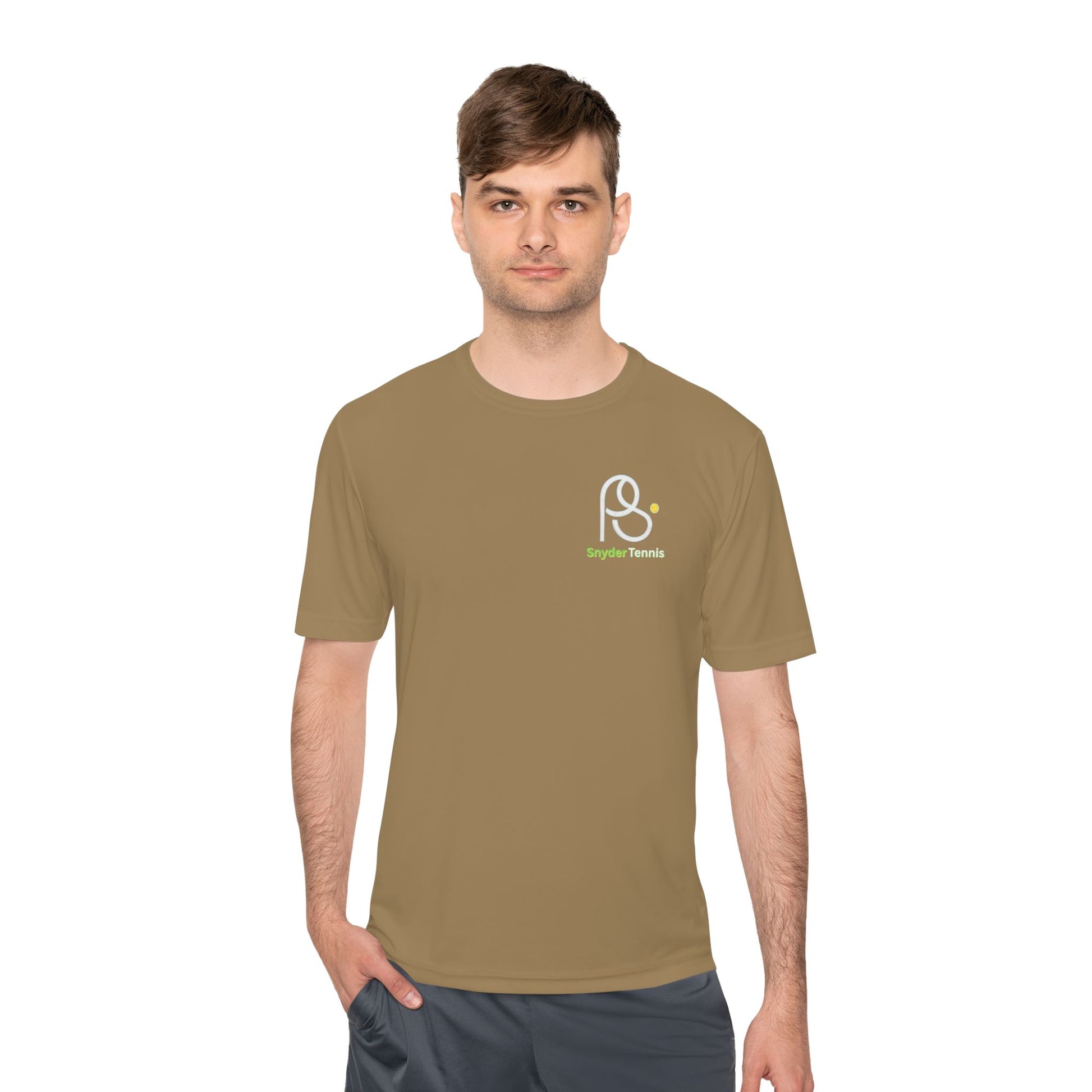 Male model rocks front of grey concrete Coach Pete Snyder tee, white PS logo and green Bryant Tennis on chest