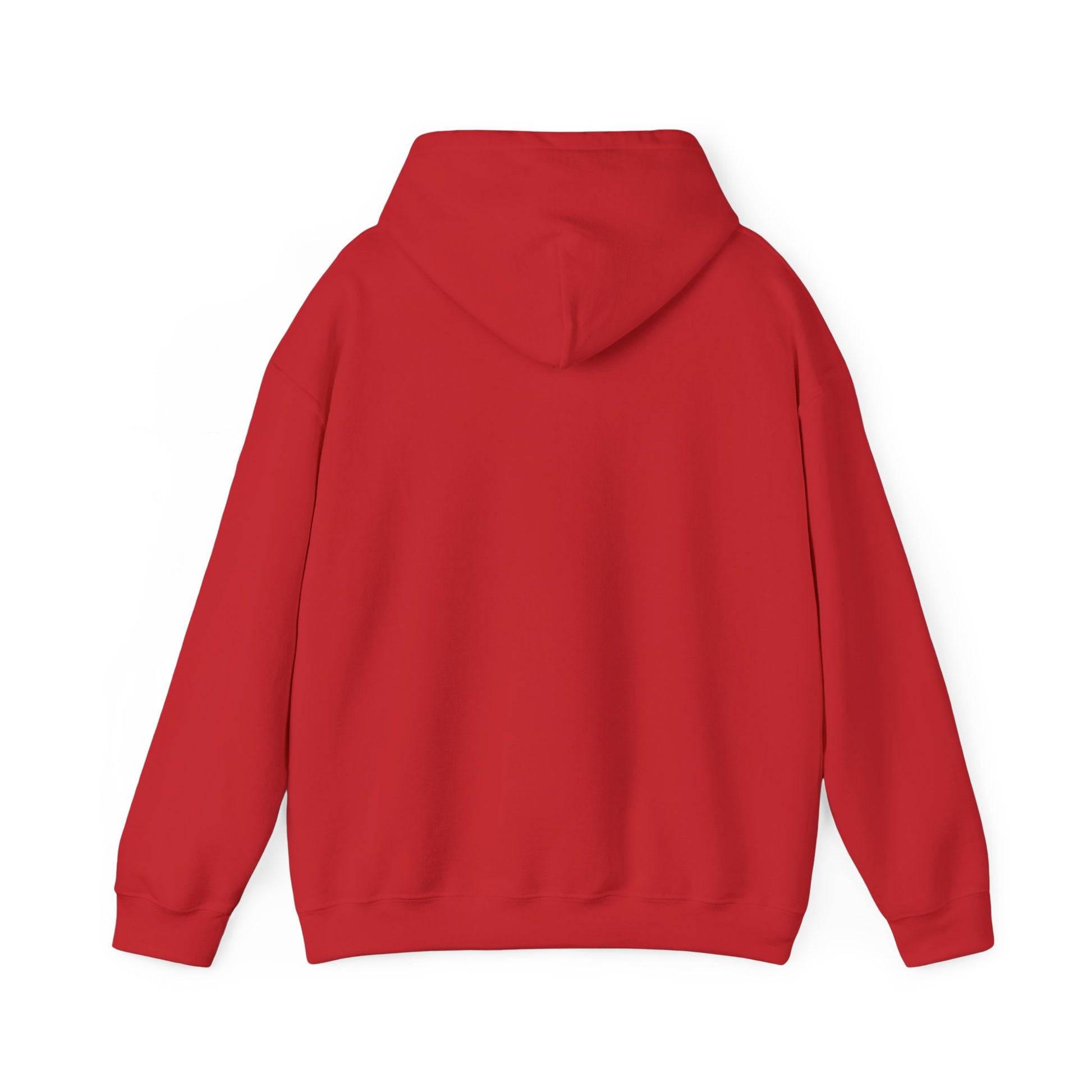 Back view of red hoodie with hood up slightly, clean and roomy