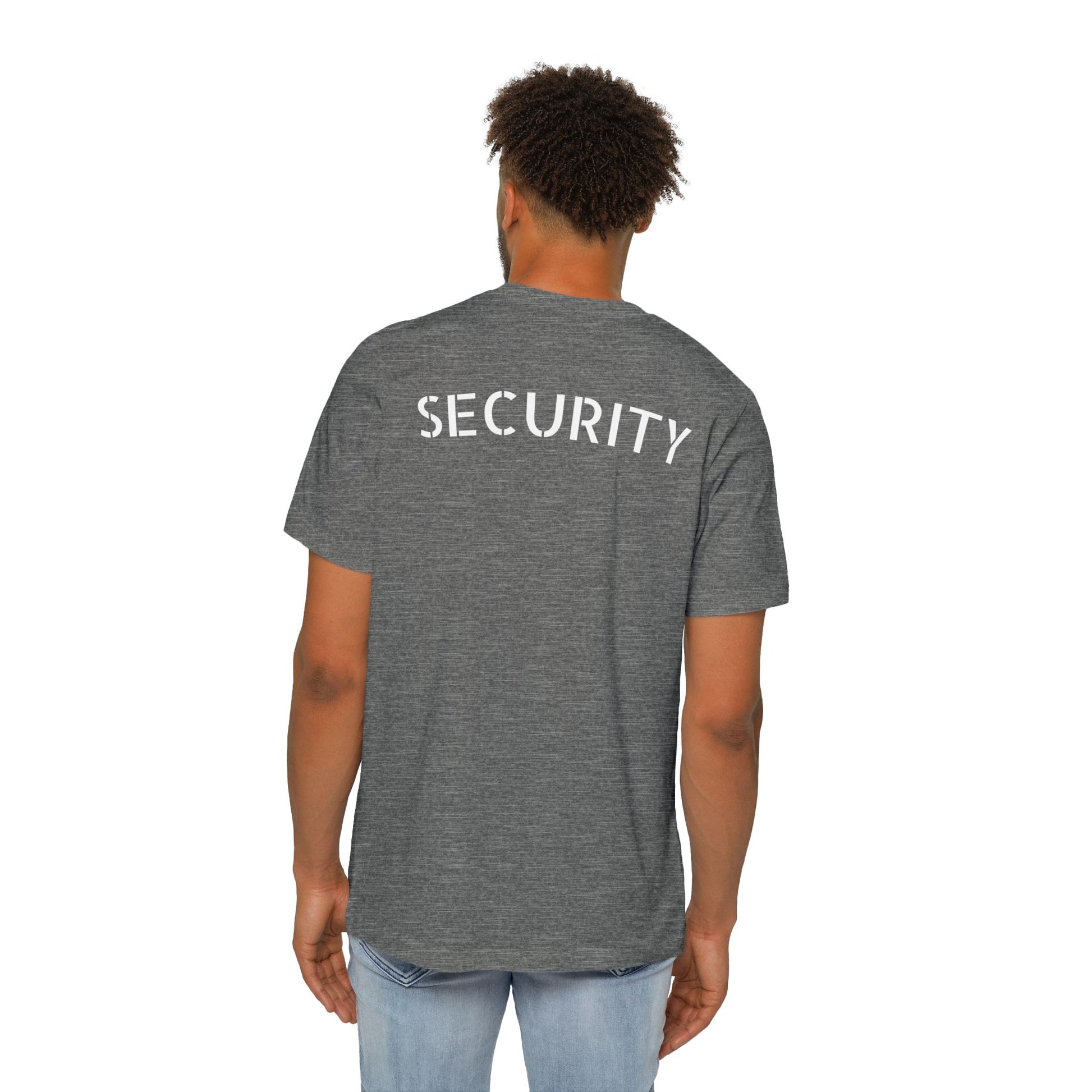 Male model back in heather gray SECURITY tee, crisp white stencil text