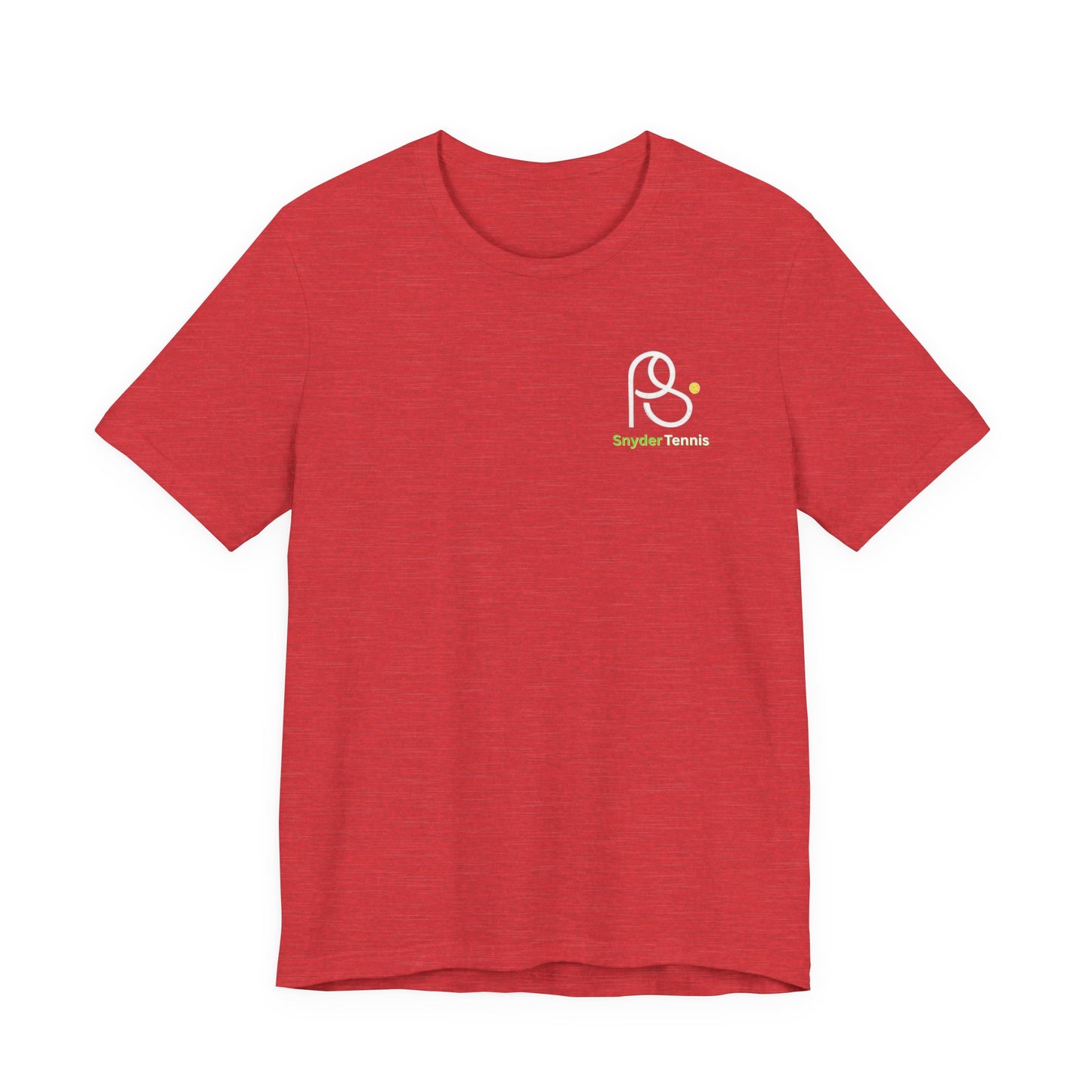 Flat lay front of heather red tee with small white PS Tennis outline logo and yellow-green accents on chest