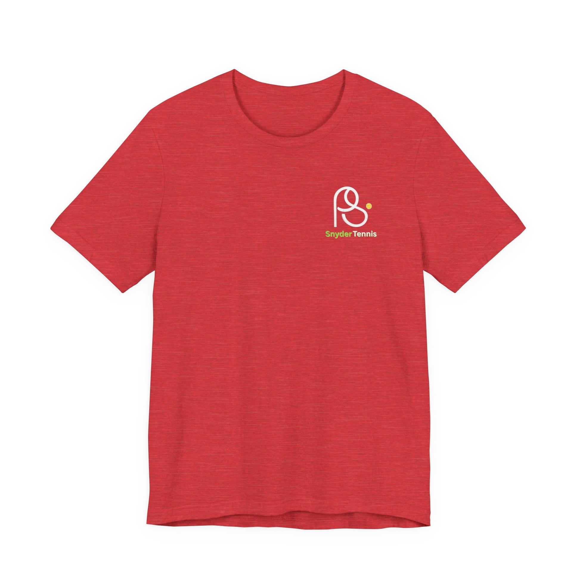 Flat lay front of heather red tee with small white PS Tennis outline logo and yellow-green accents on chest