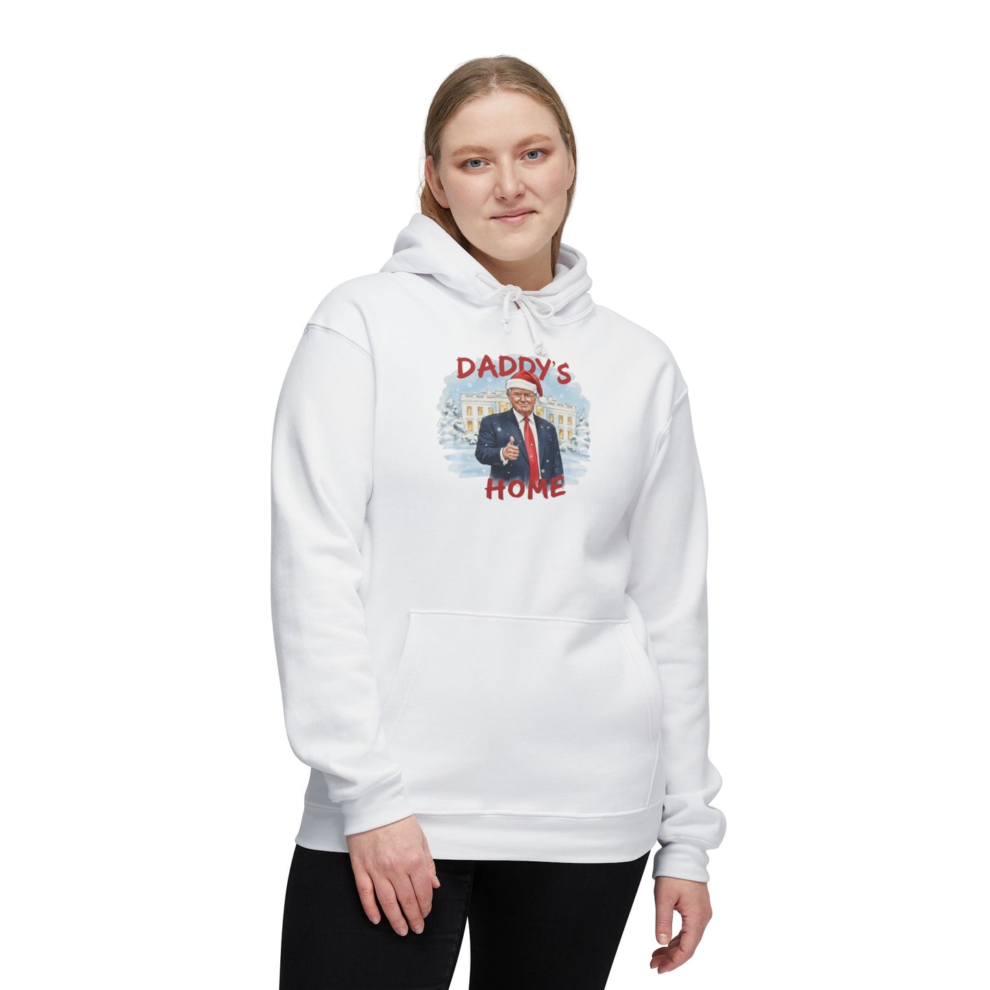 Woman rocking front of white "Daddy's Home" Trump Christmas hoodie, Santa Trump and snowy scene
