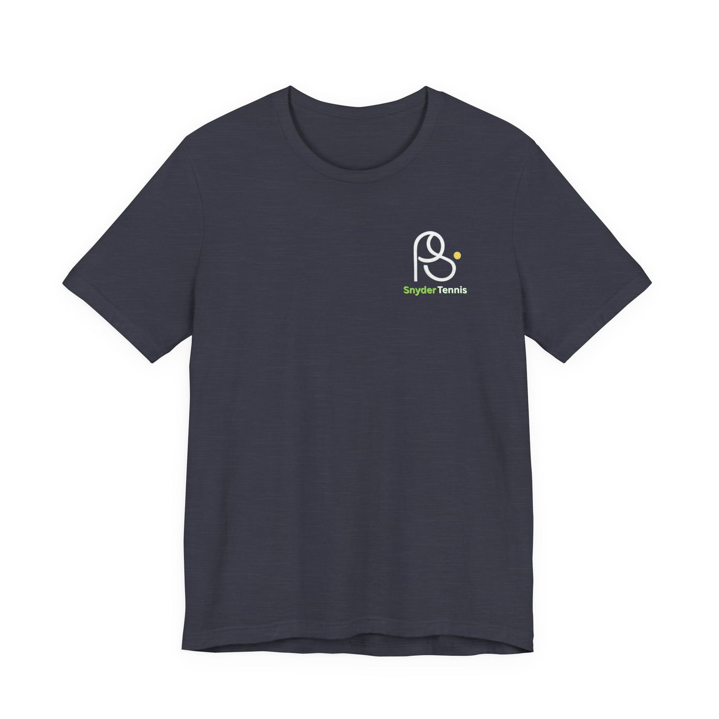 Front view of flat charcoal gray Coach Pete Snyder tennis t-shirt with PS tennis ball logo and "PS Tennis" on left chest