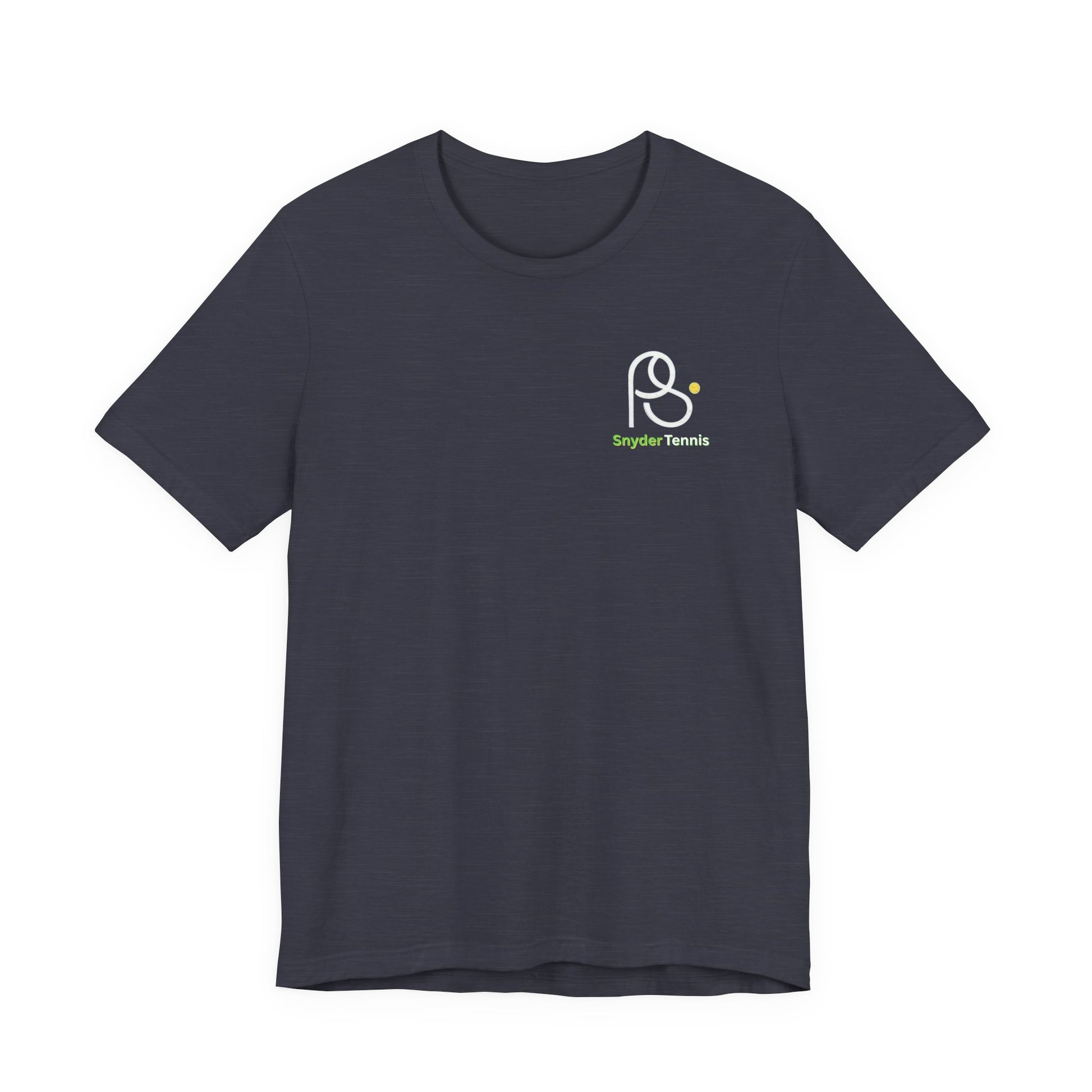Front view of flat charcoal gray Coach Pete Snyder tennis t-shirt with PS tennis ball logo and "PS Tennis" on left chest