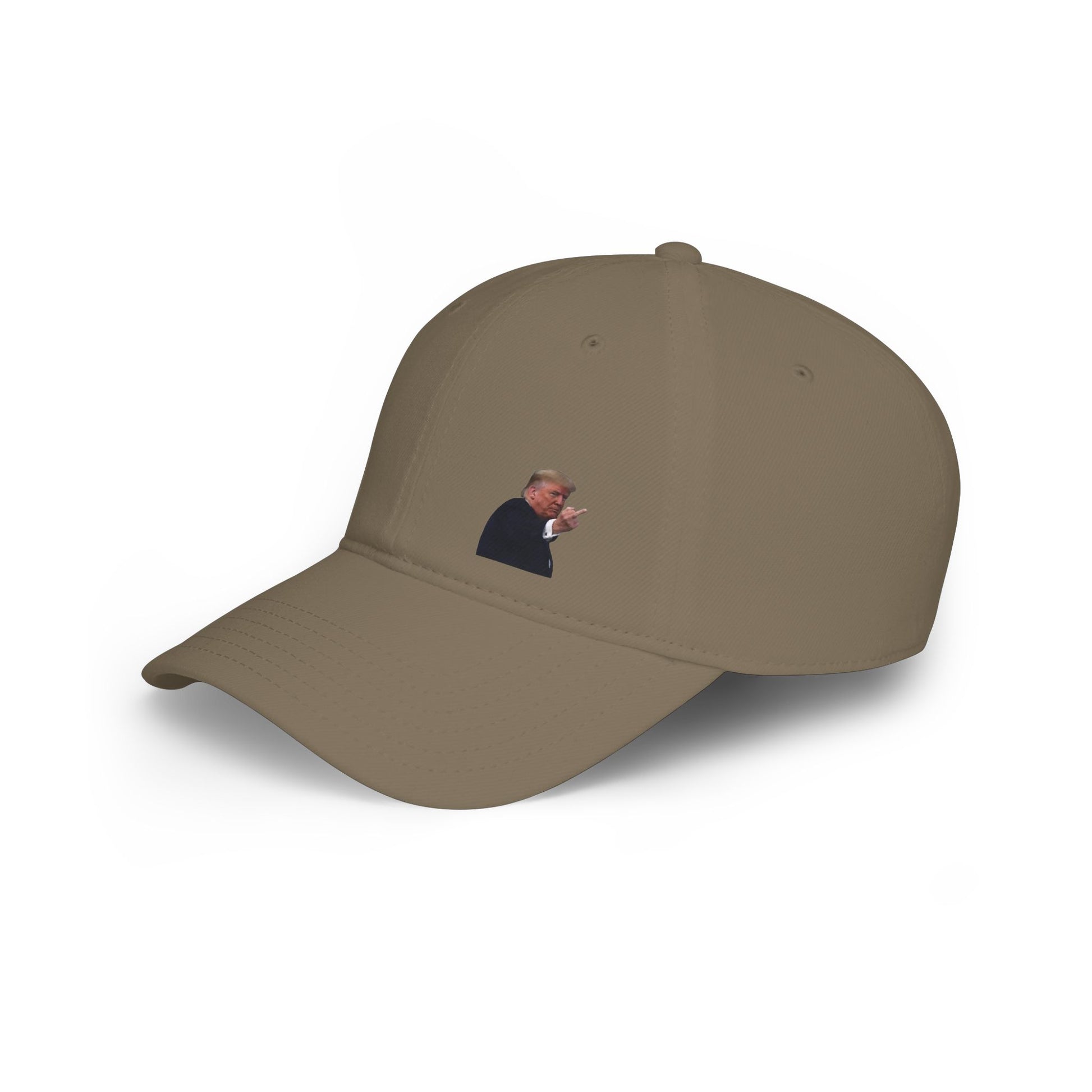 Khaki baseball cap angled to show embroidered Trump in suit making sassy Ford plant gesture