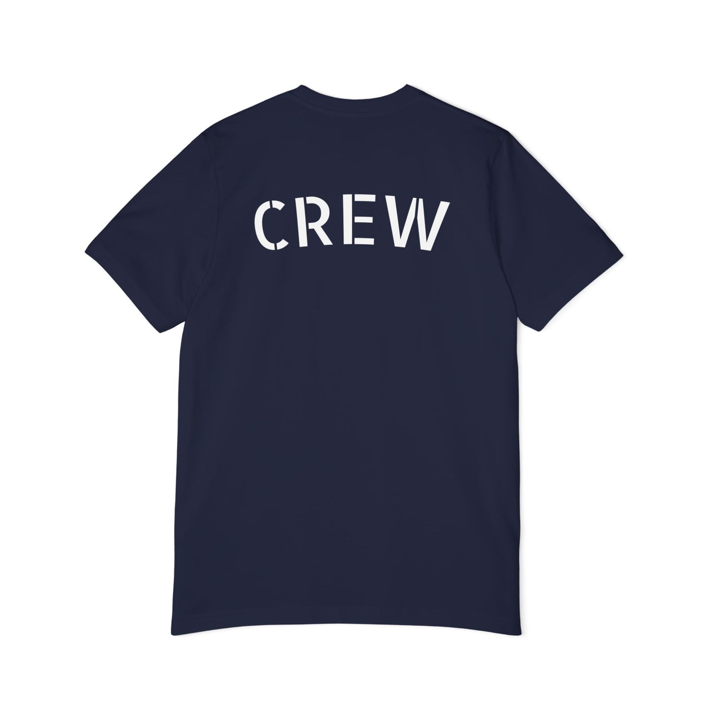 Flat lay back view dark heather gray t-shirt, prominent white "CREW" text — crew represent