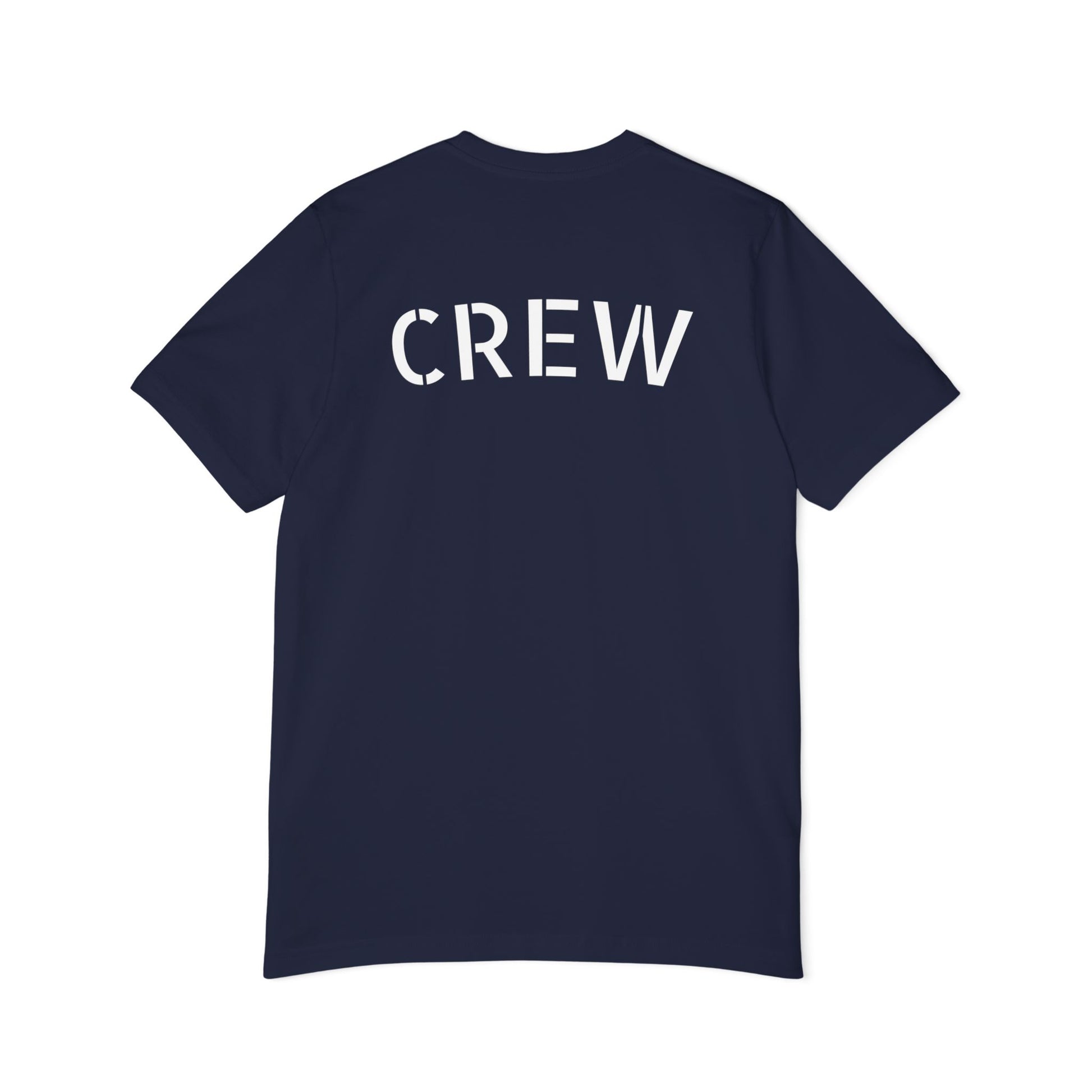 Flat lay back view dark heather gray t-shirt, prominent white "CREW" text — crew represent