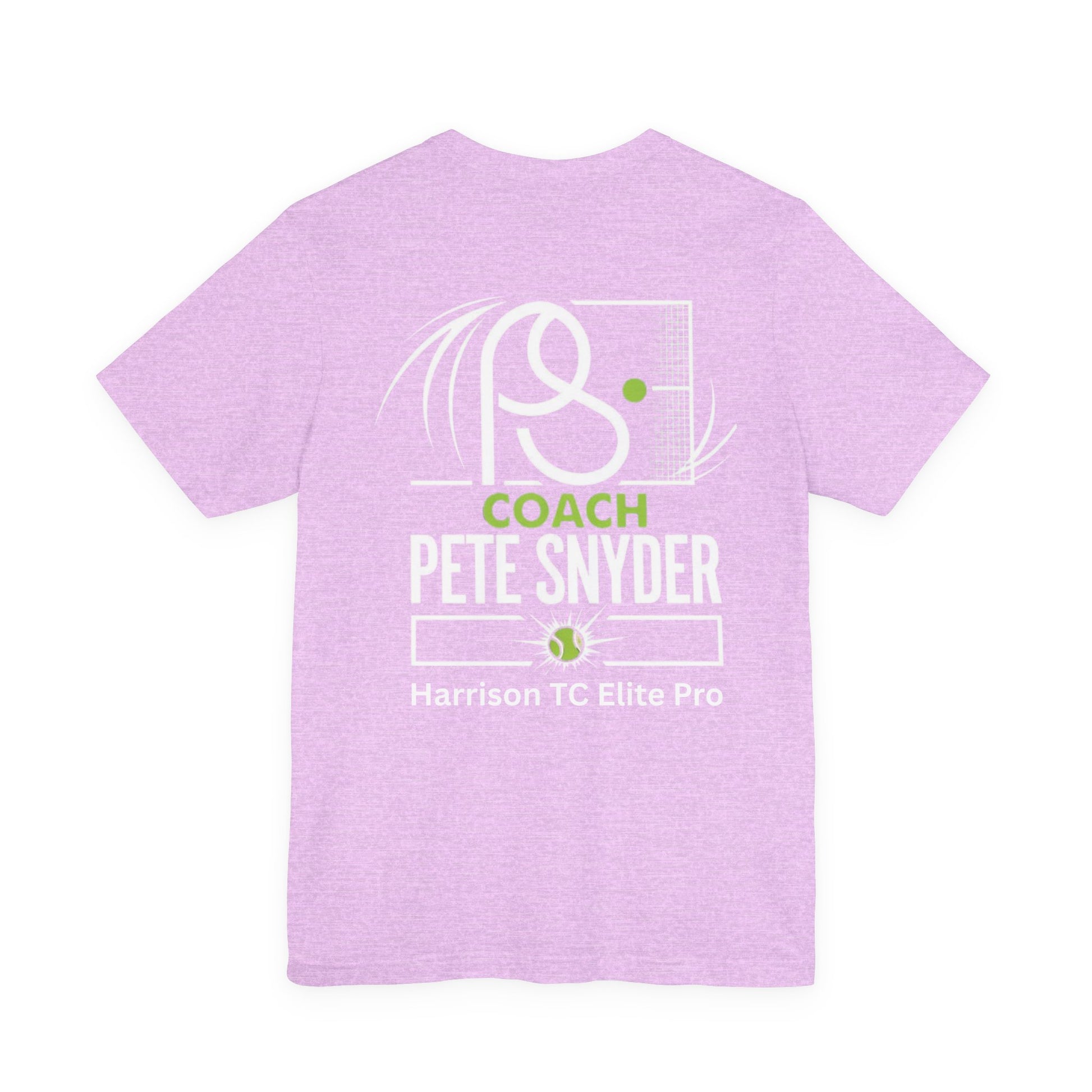 Back view of light purple tee featuring white "COACH PETE SNYDER" print, tennis net graphic and Harrison TC Elite Pro