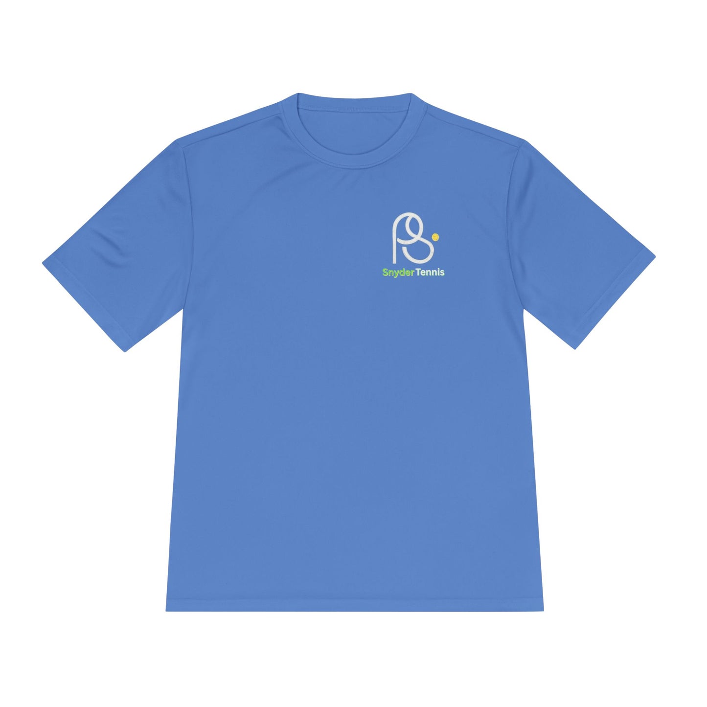 Flat front royal blue moisture-wicking tee, PS Bryant Tennis logo in white lines