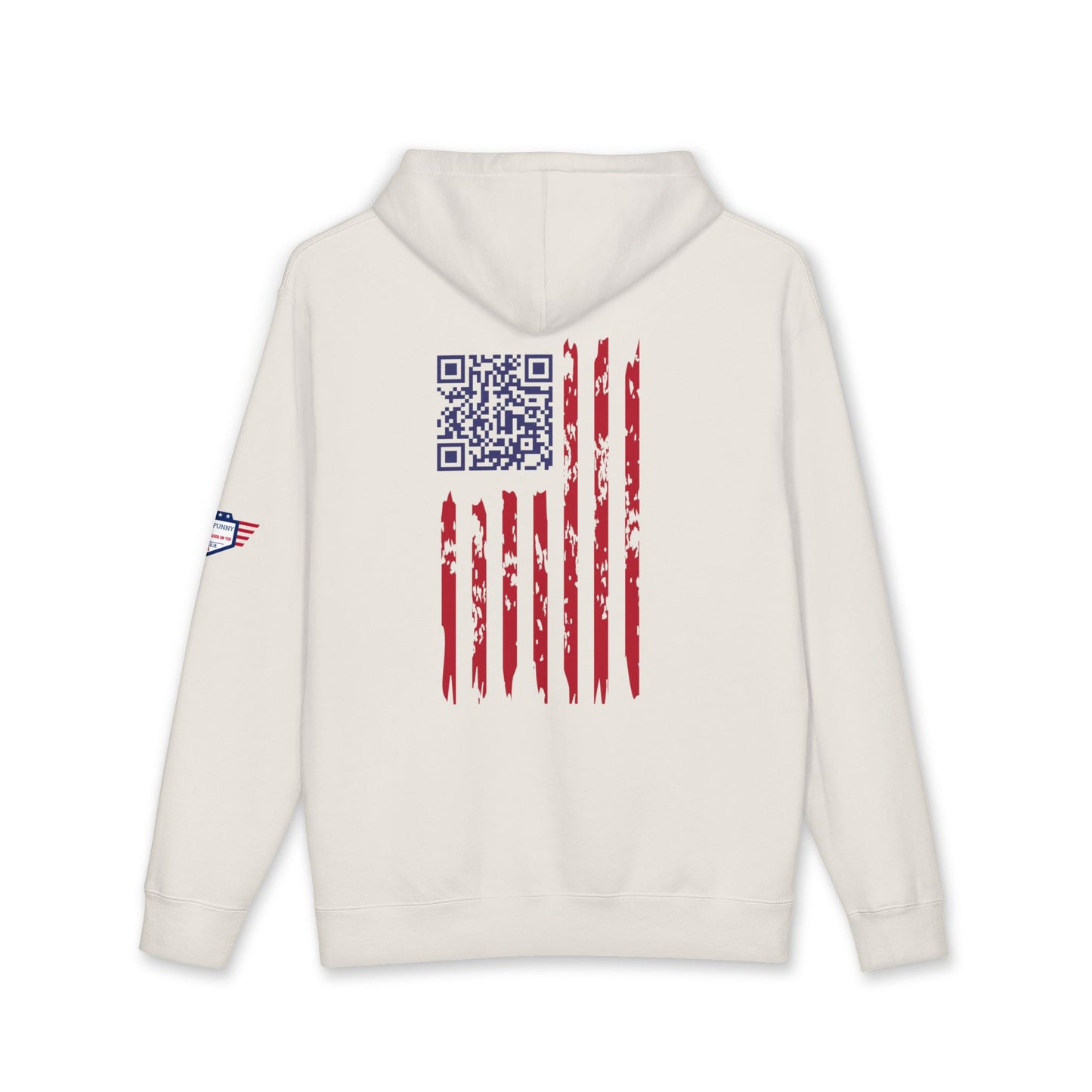 Back view of blue aqua hoodie featuring scannable distressed American flag QR code and sleeve flag