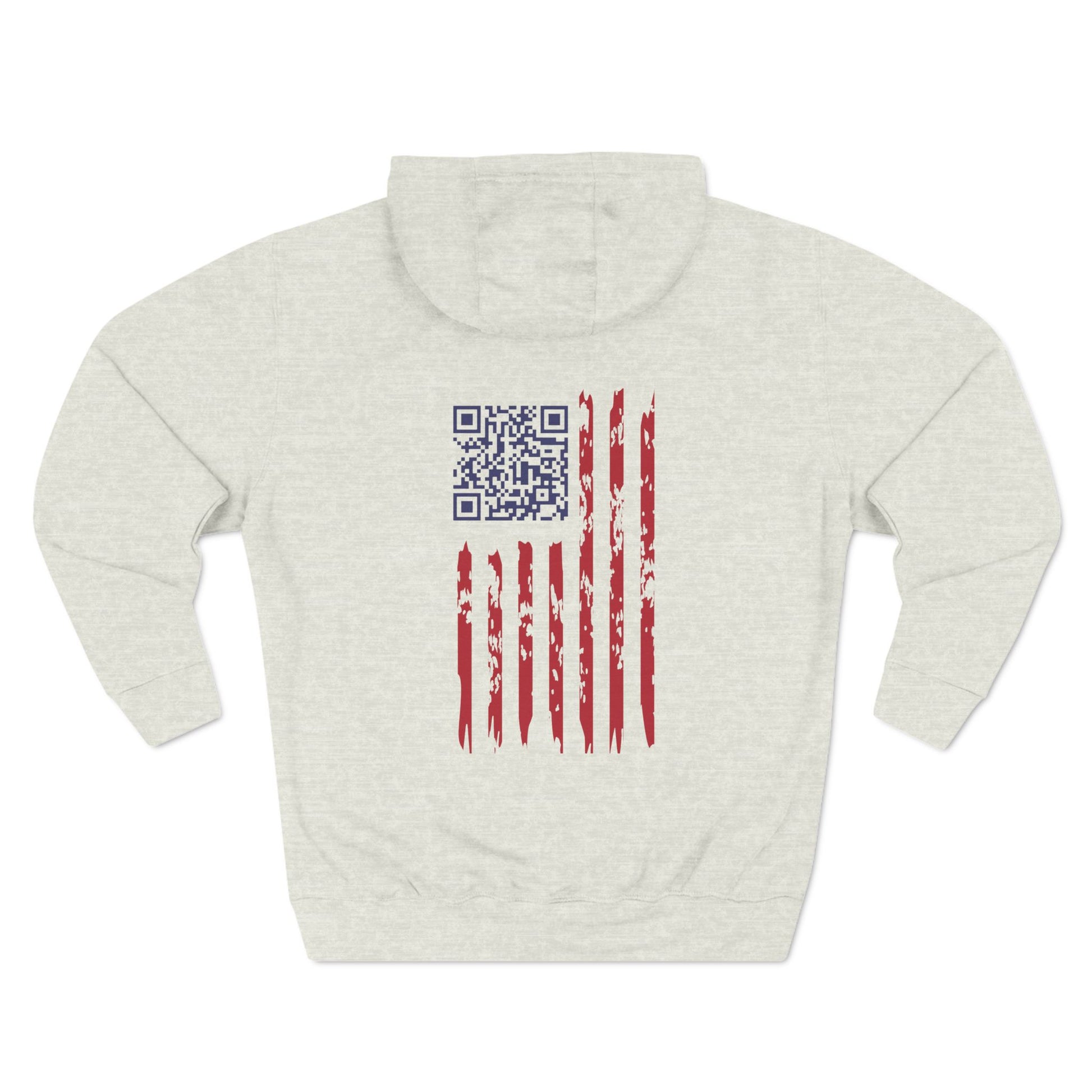 Back of heather gray hoodie showing faded American flag with QR code reveal