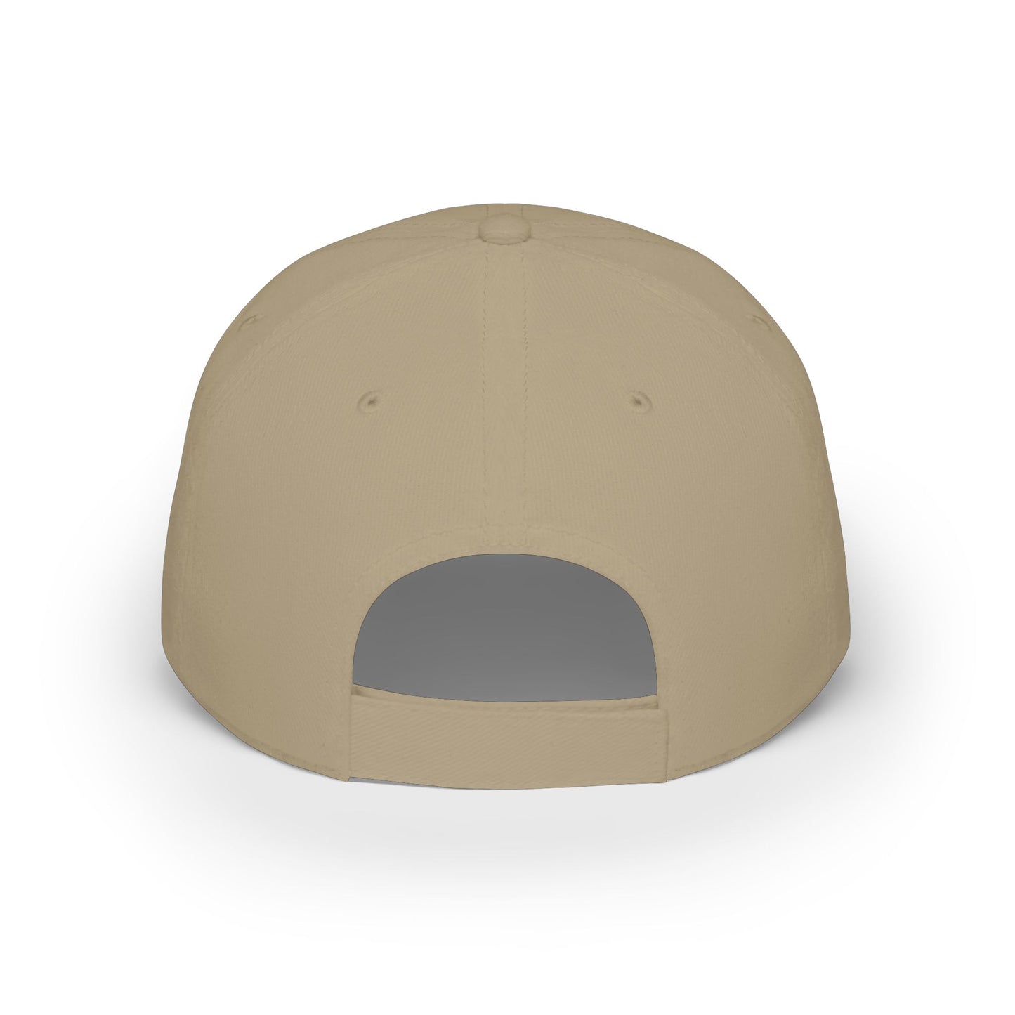 Back view of khaki baseball cap showing adjustable Velcro strap and breathable mesh panel