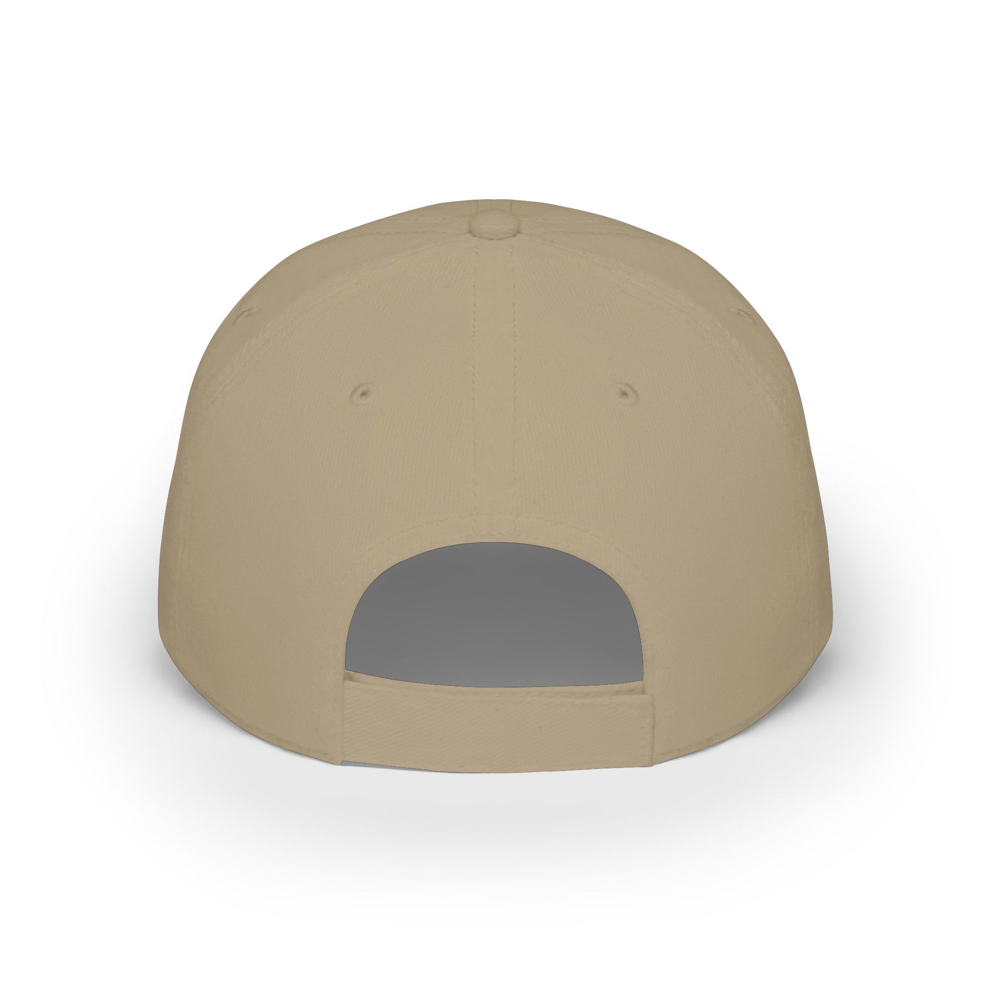 Back view of khaki baseball cap showing adjustable Velcro strap and breathable mesh panel