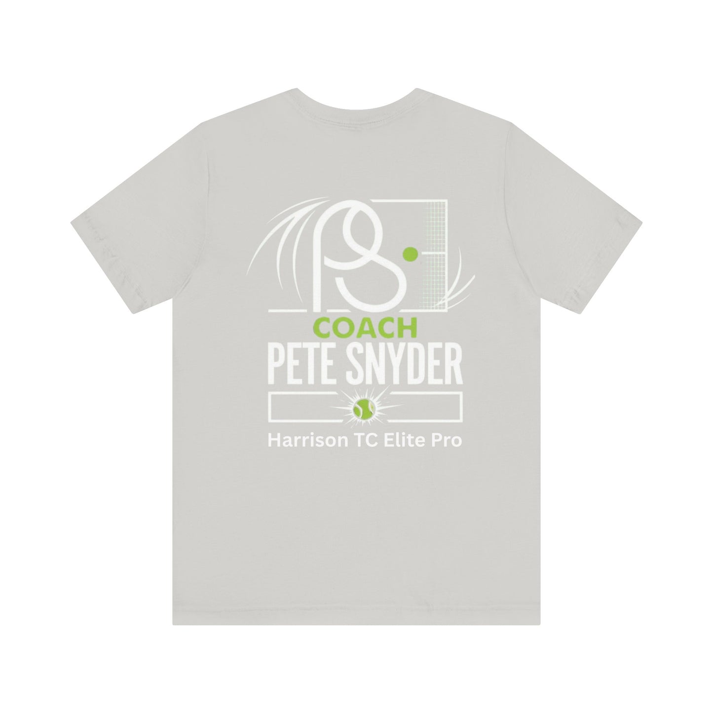 Back view of gray Coach Pete Snyder tennis tee with white racket design, green PS ball, text print