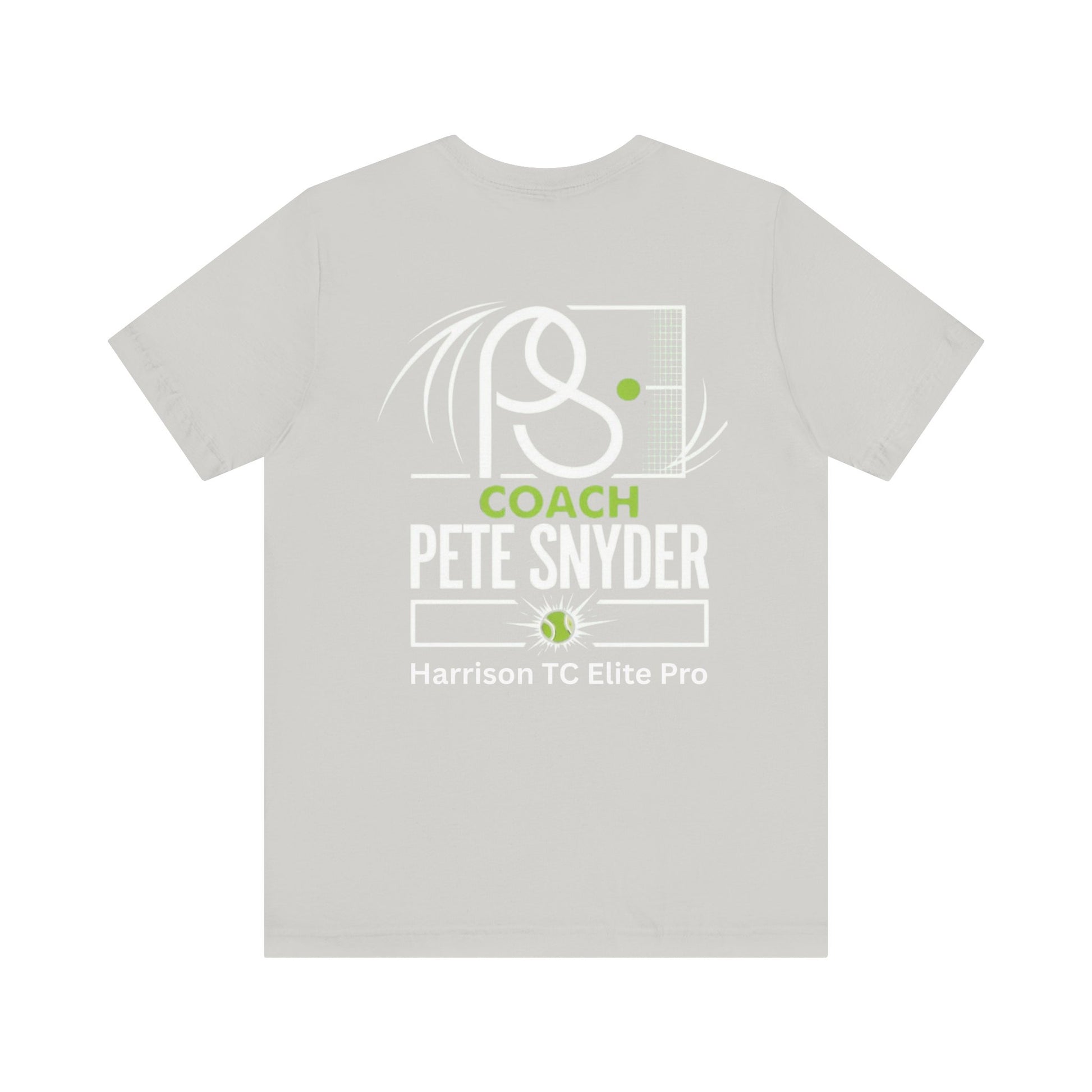 Back view of gray Coach Pete Snyder tennis tee with white racket design, green PS ball, text print