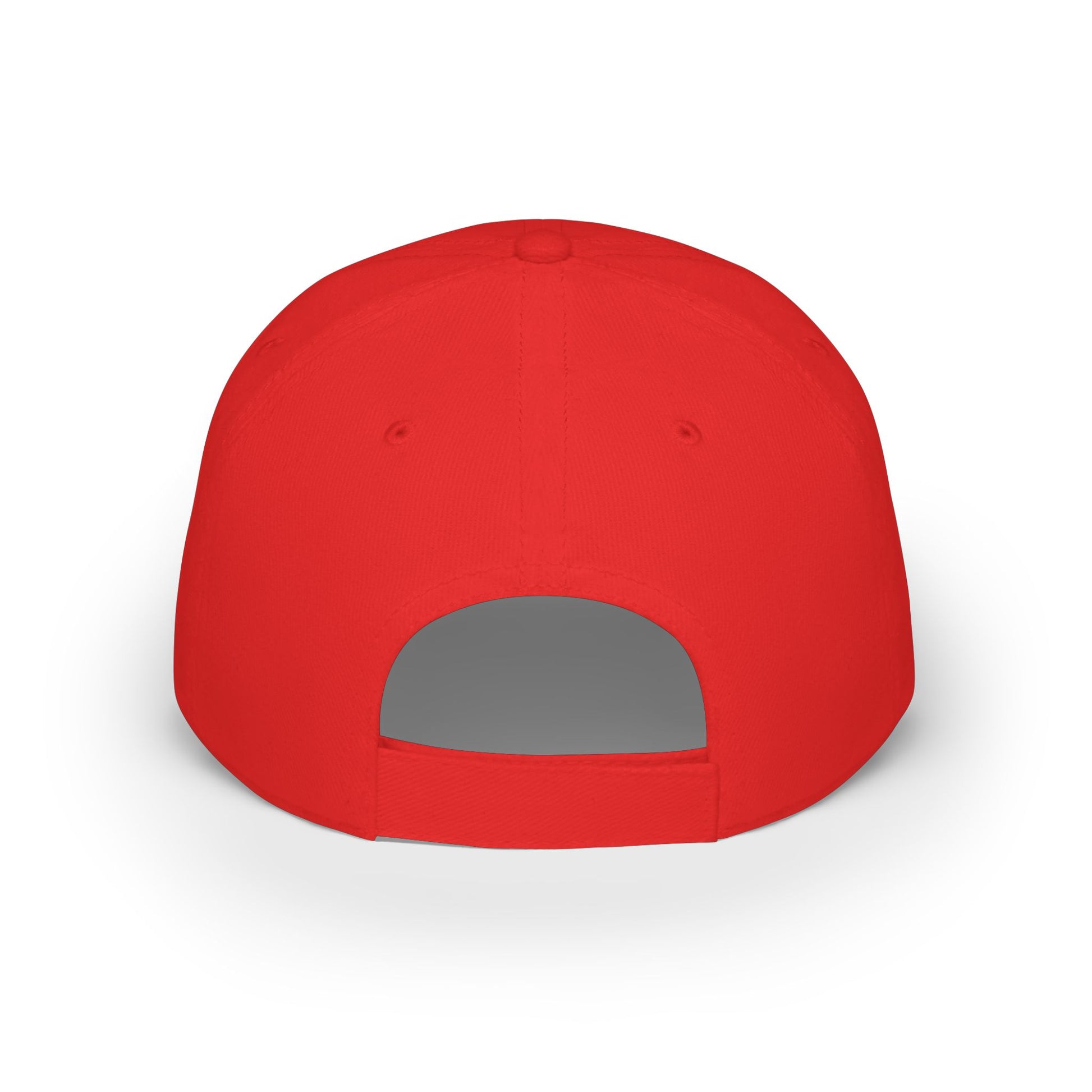 Back view of red unstructured baseball cap with adjustable Velcro strap