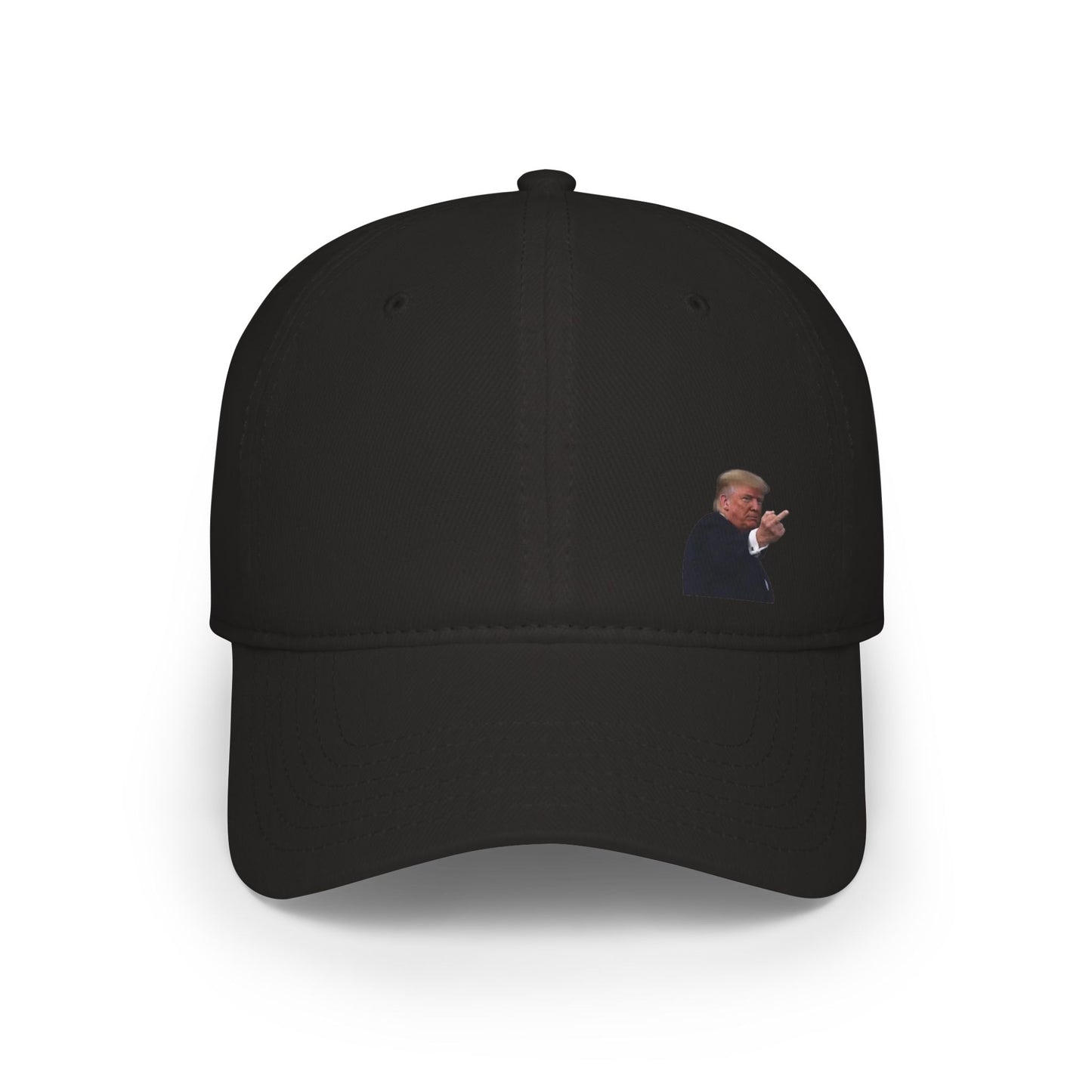 Front view of black baseball cap featuring cheeky Trump finger wag meme embroidery