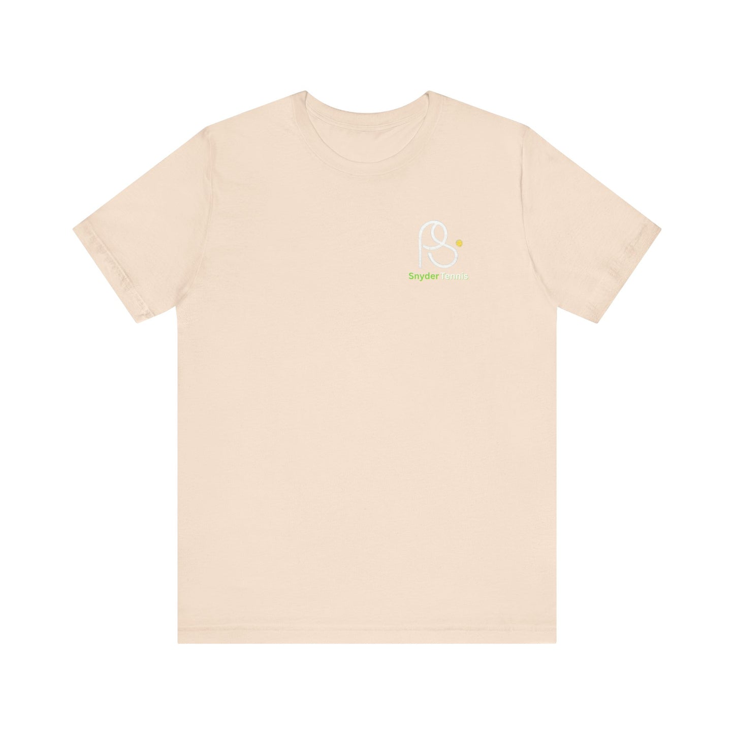 Front view of cream cotton tee with white outlined P.S. emblem and green P.S. Tennis lettering