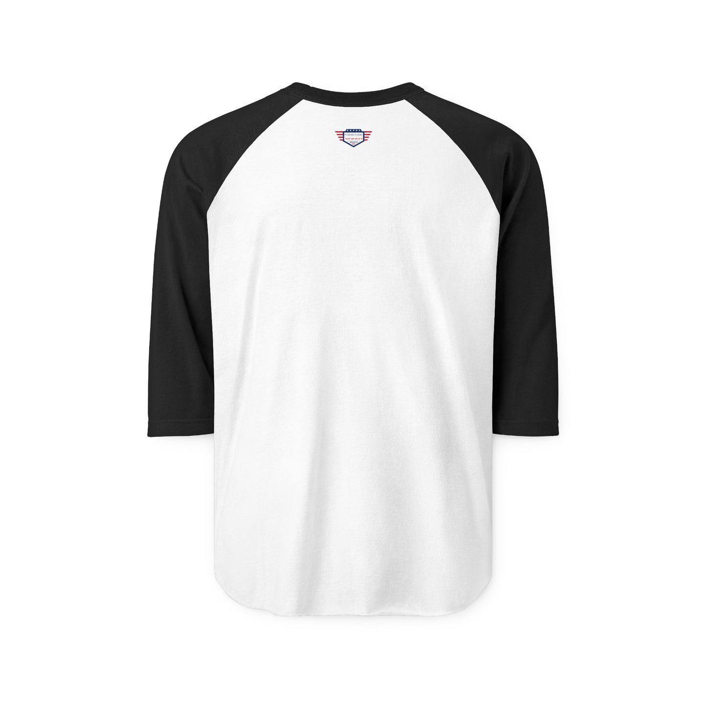 Back view of white raglan shirt with black sleeves, simple neck label – clean canvas for dirt therapy