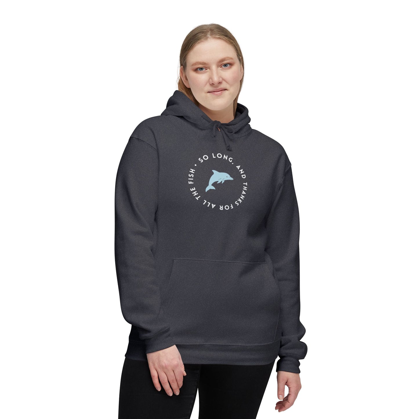 Woman in navy blue hoodie front view, playful circle with dolphin and farewell text