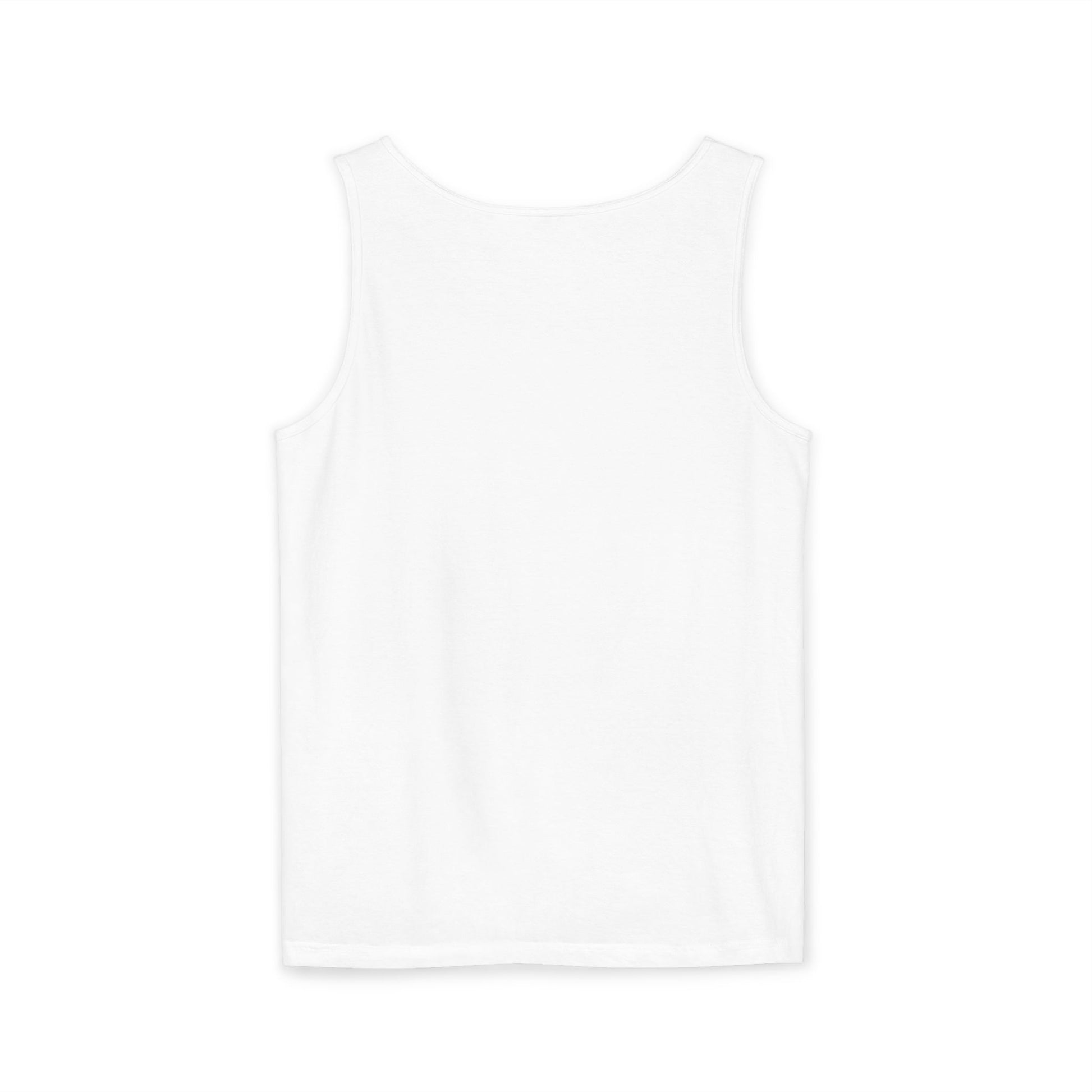 Back view of plain white tank top, sleeveless relaxed fit on white background