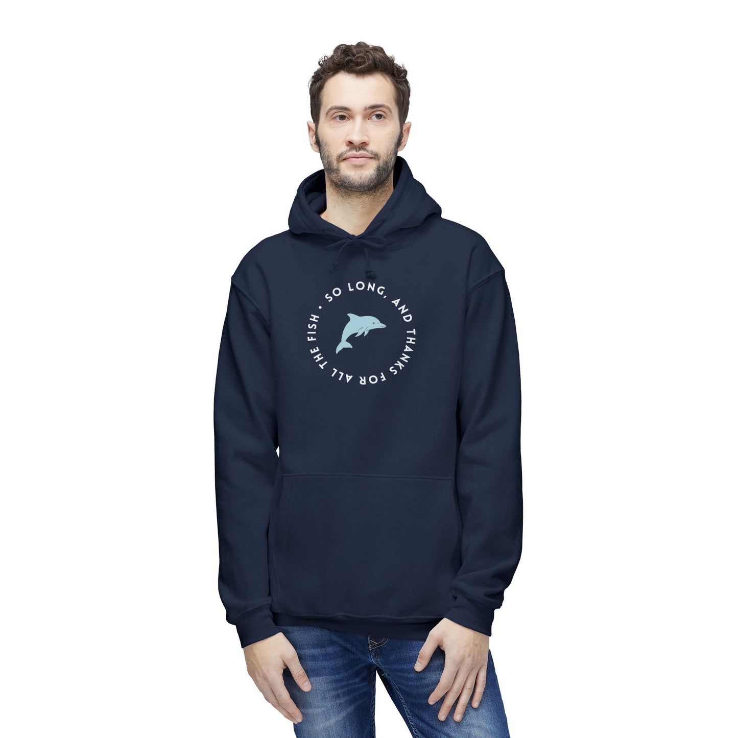 Front of hunter green hoodie on man, light blue dolphin leaping in "So long, and thanks for all the fish" ring