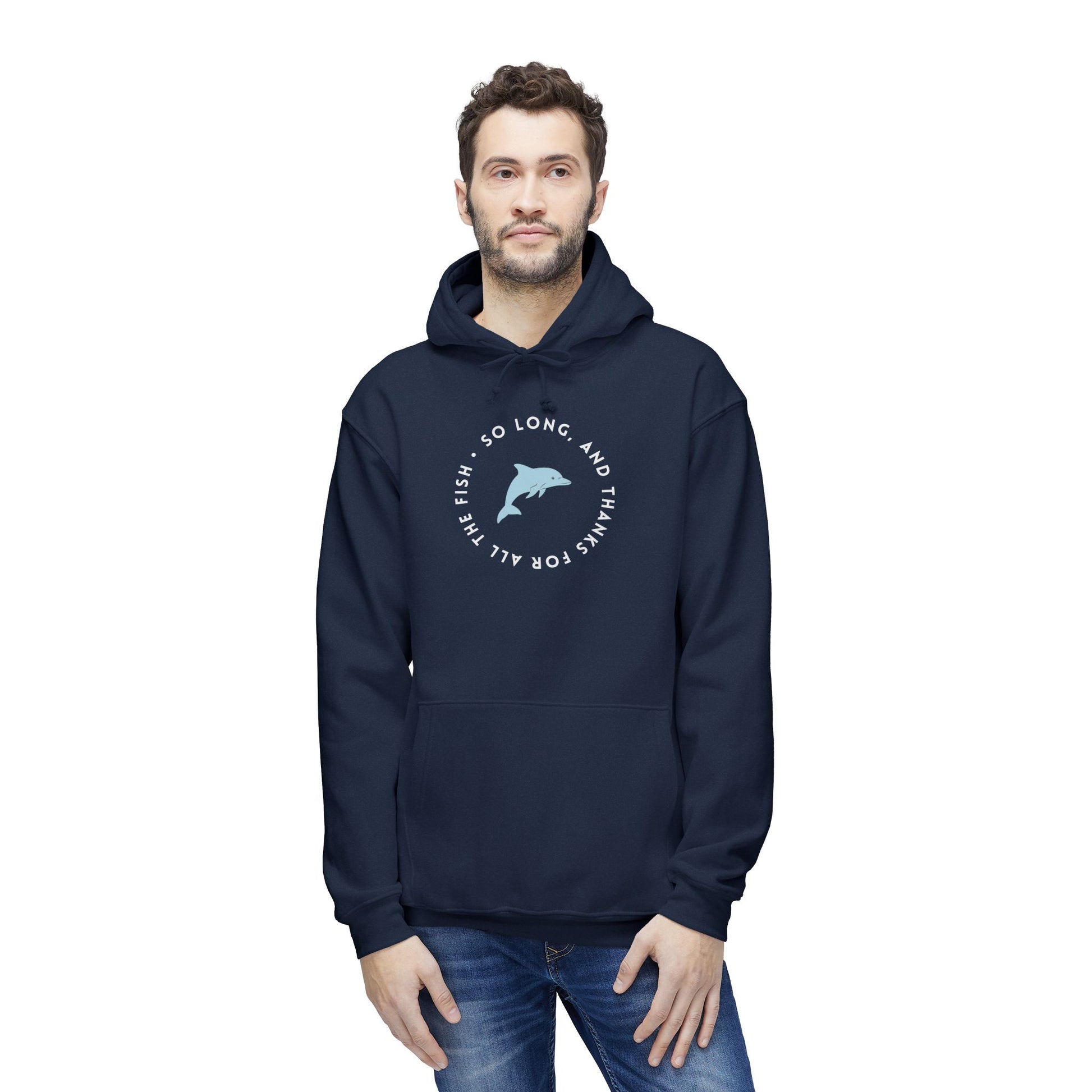 Front of hunter green hoodie on man, light blue dolphin leaping in "So long, and thanks for all the fish" ring