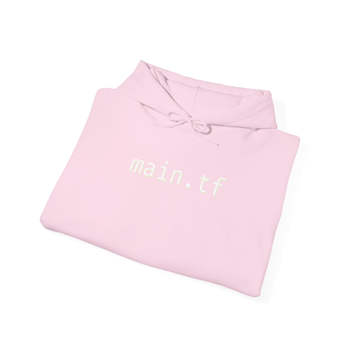 Folded front view of light pink hoodie showing bold white "main.tf" chest print