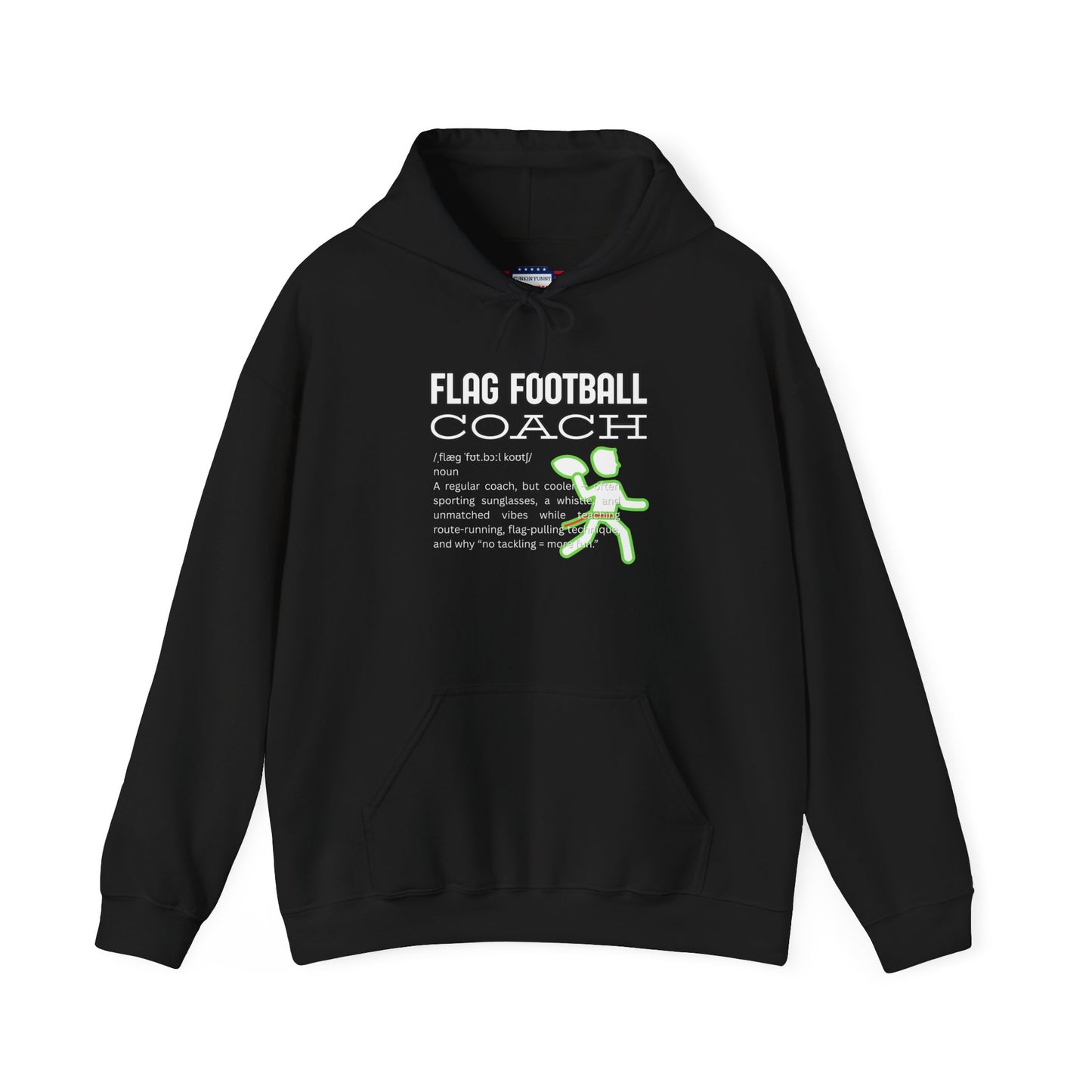 Front view of black Flag Football Coach hoodie with white outline text, neon green runner graphic