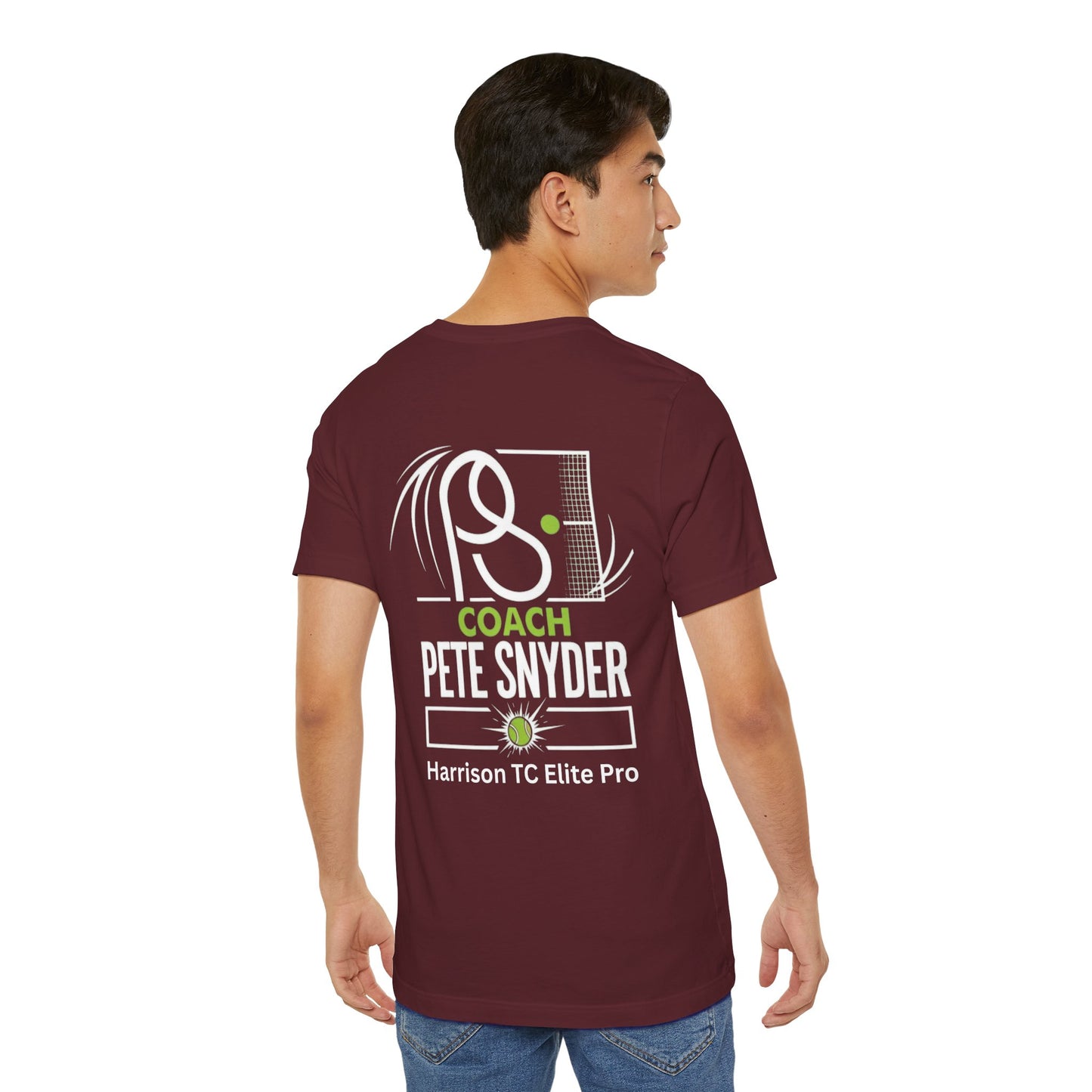 Back view of male model in heather maroon Coach Pete Snyder tennis tee, racket/net/ball graphic, "COACH PETE SNYDER Harrison TC Elite Pro" text