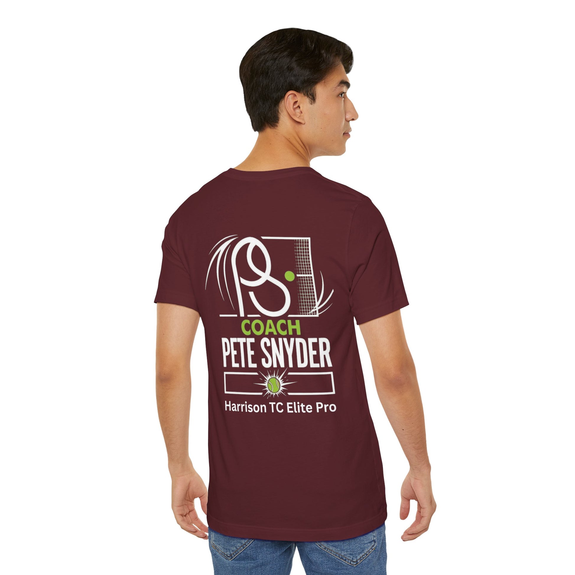 Back view of male model in heather maroon Coach Pete Snyder tennis tee, racket/net/ball graphic, "COACH PETE SNYDER Harrison TC Elite Pro" text
