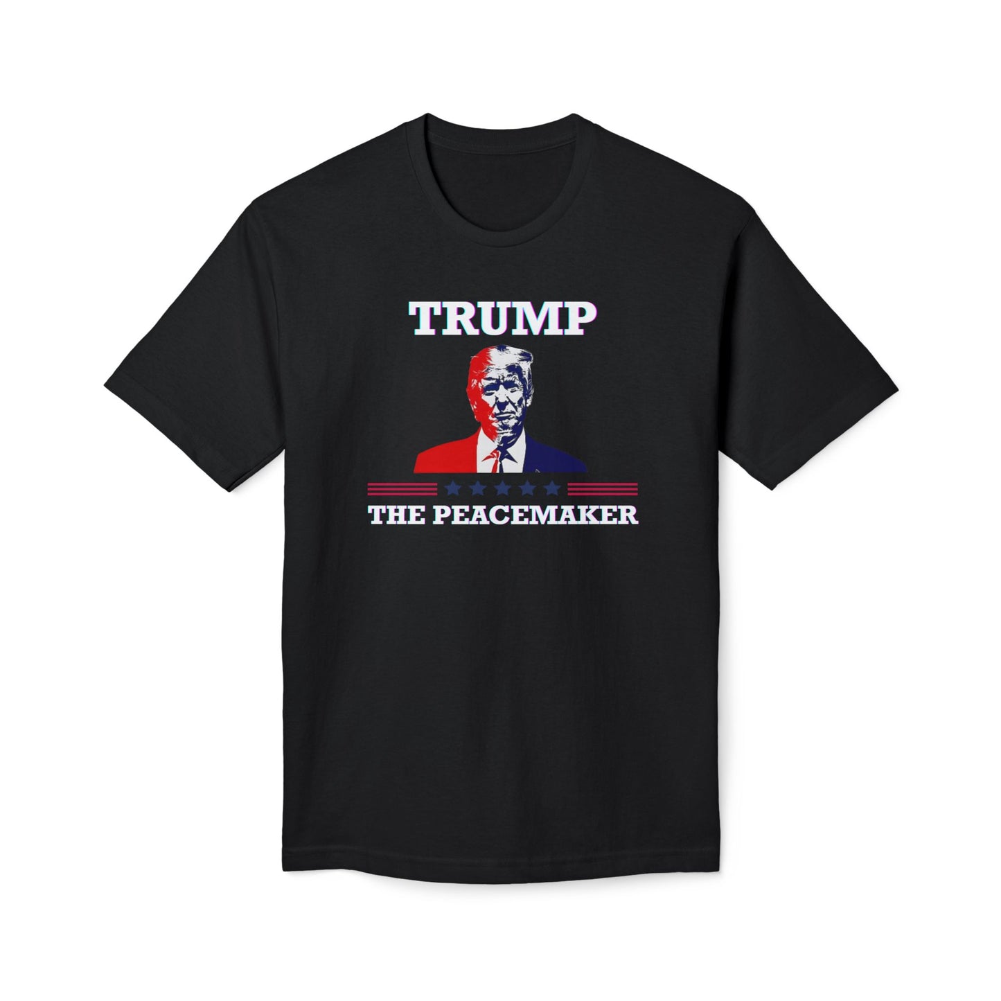 Front view of black "Trump The Peacemaker" t-shirt featuring white "TRUMP" text, portrait, and patriotic stripes below