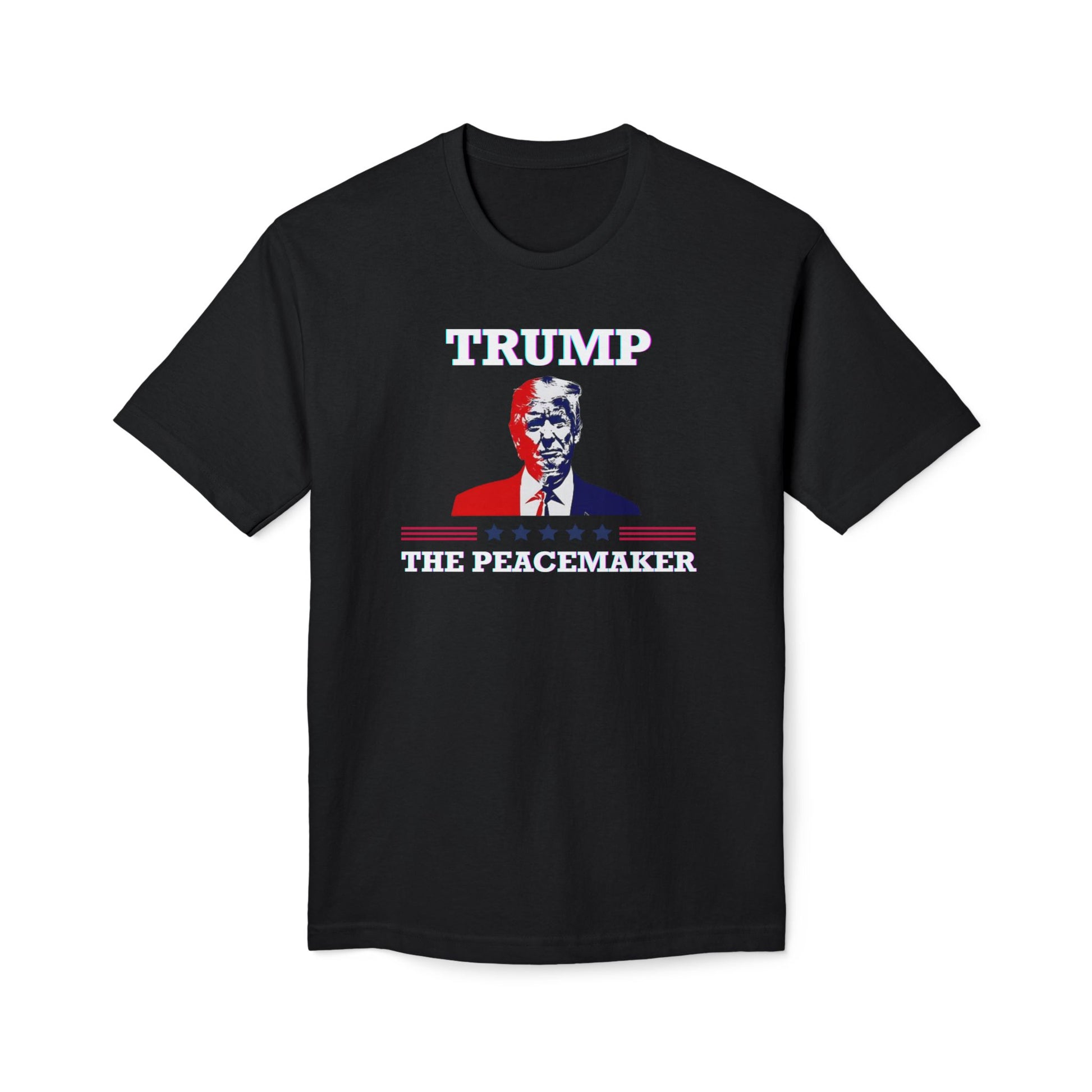 Front view of black "Trump The Peacemaker" t-shirt featuring white "TRUMP" text, portrait, and patriotic stripes below