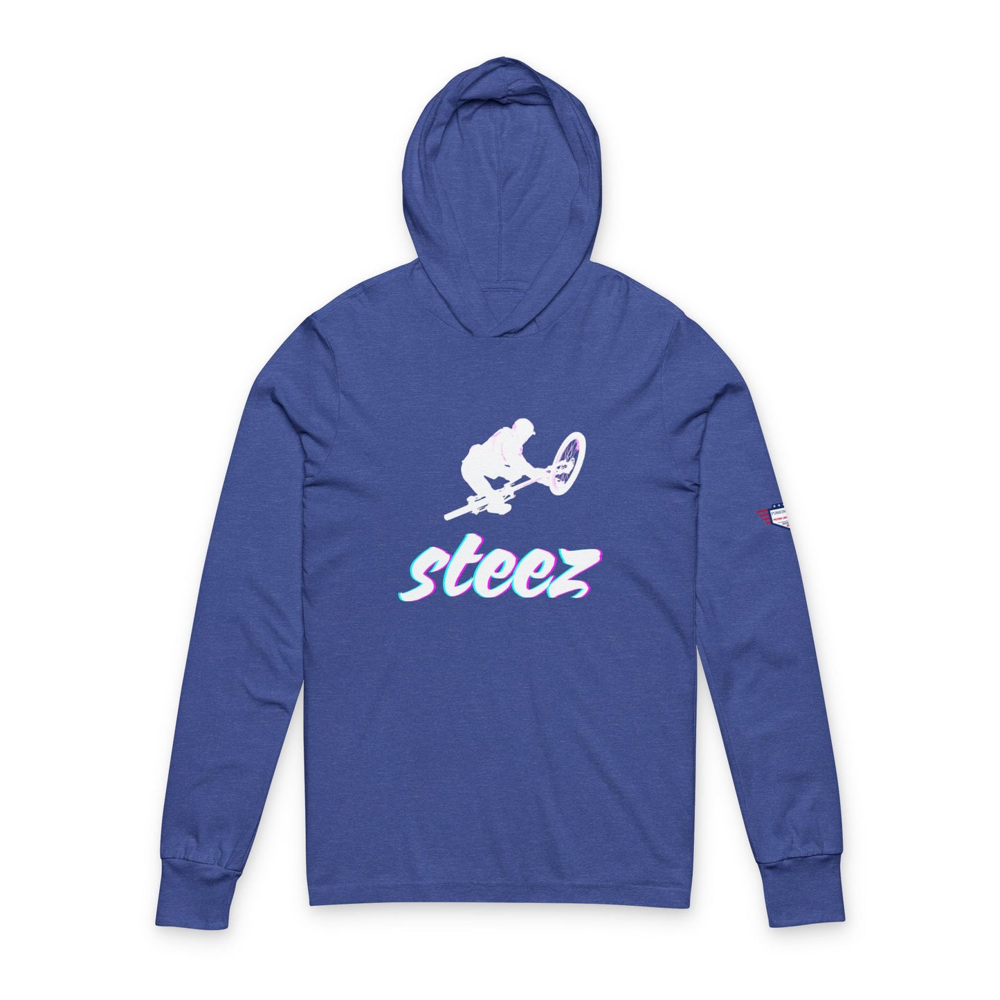 Front view of heather royal blue unisex hoodie, white BMX rider jump and iridescent "Steez"