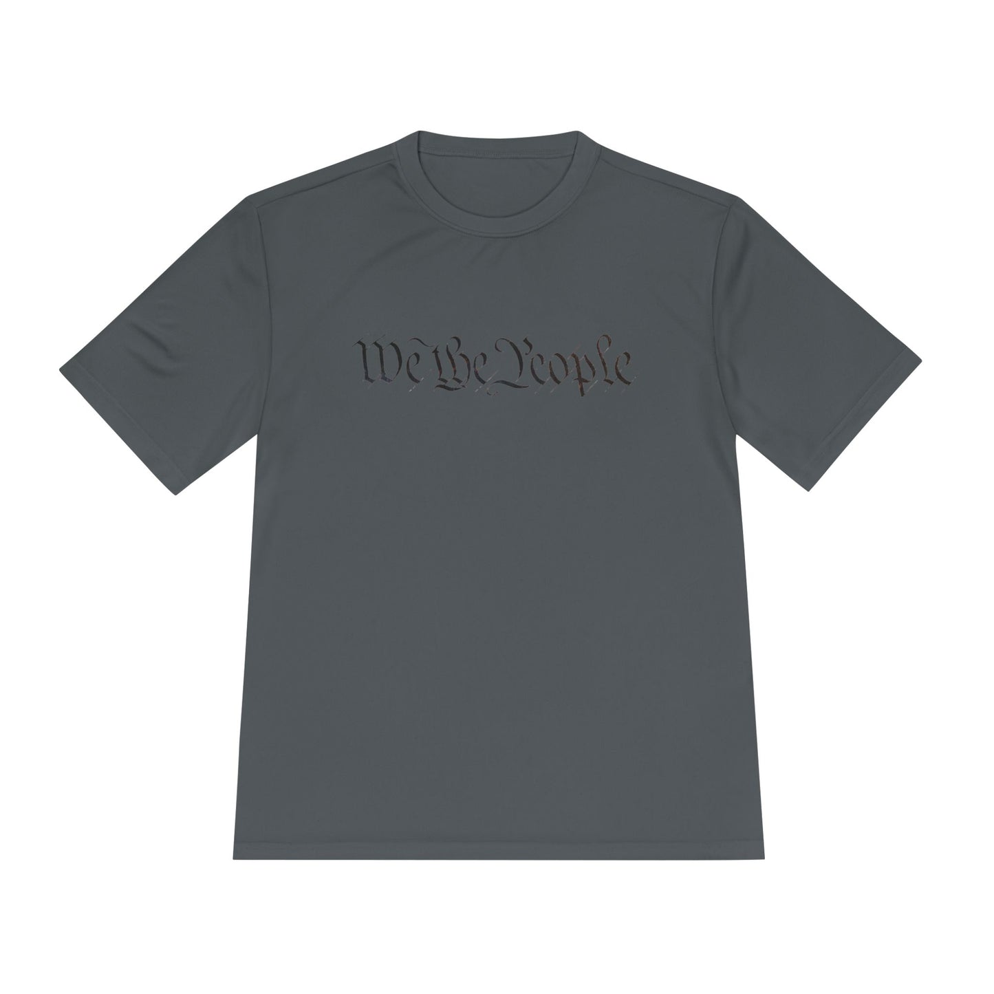 Front view of dark gray moisture-wicking tee with black cursive "We the People" print hiding QR easter egg