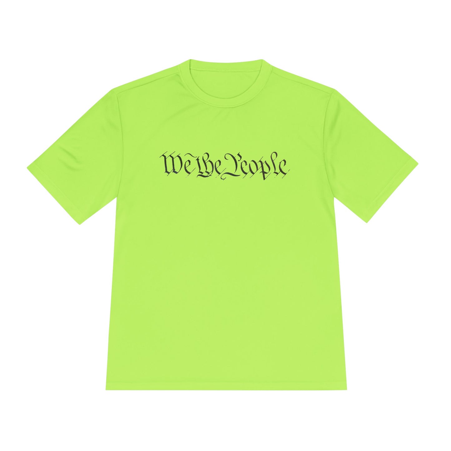 Front view of bright lime moisture-wicking tee with black cursive "We the People" print hiding QR easter egg