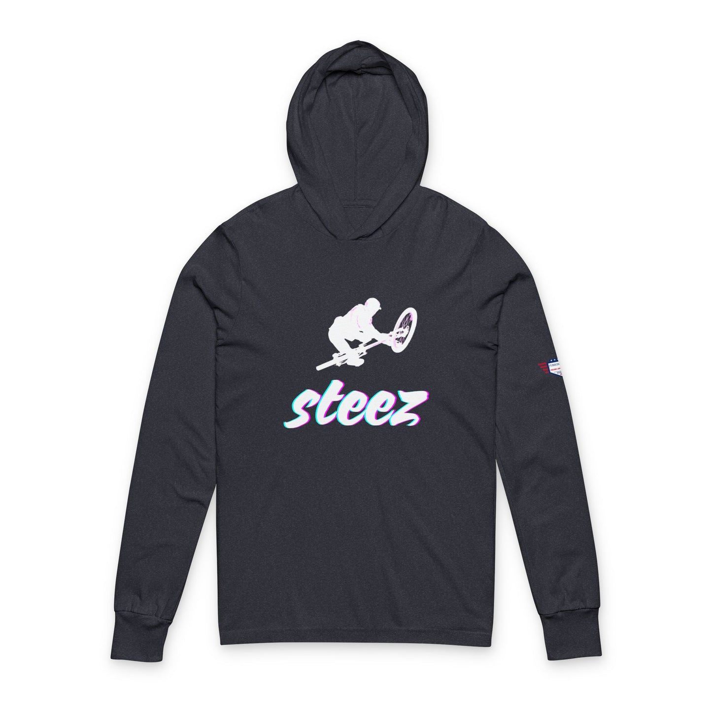 Front view of charcoal unisex hoodie with white BMX silhouette and glossy "Steez" print
