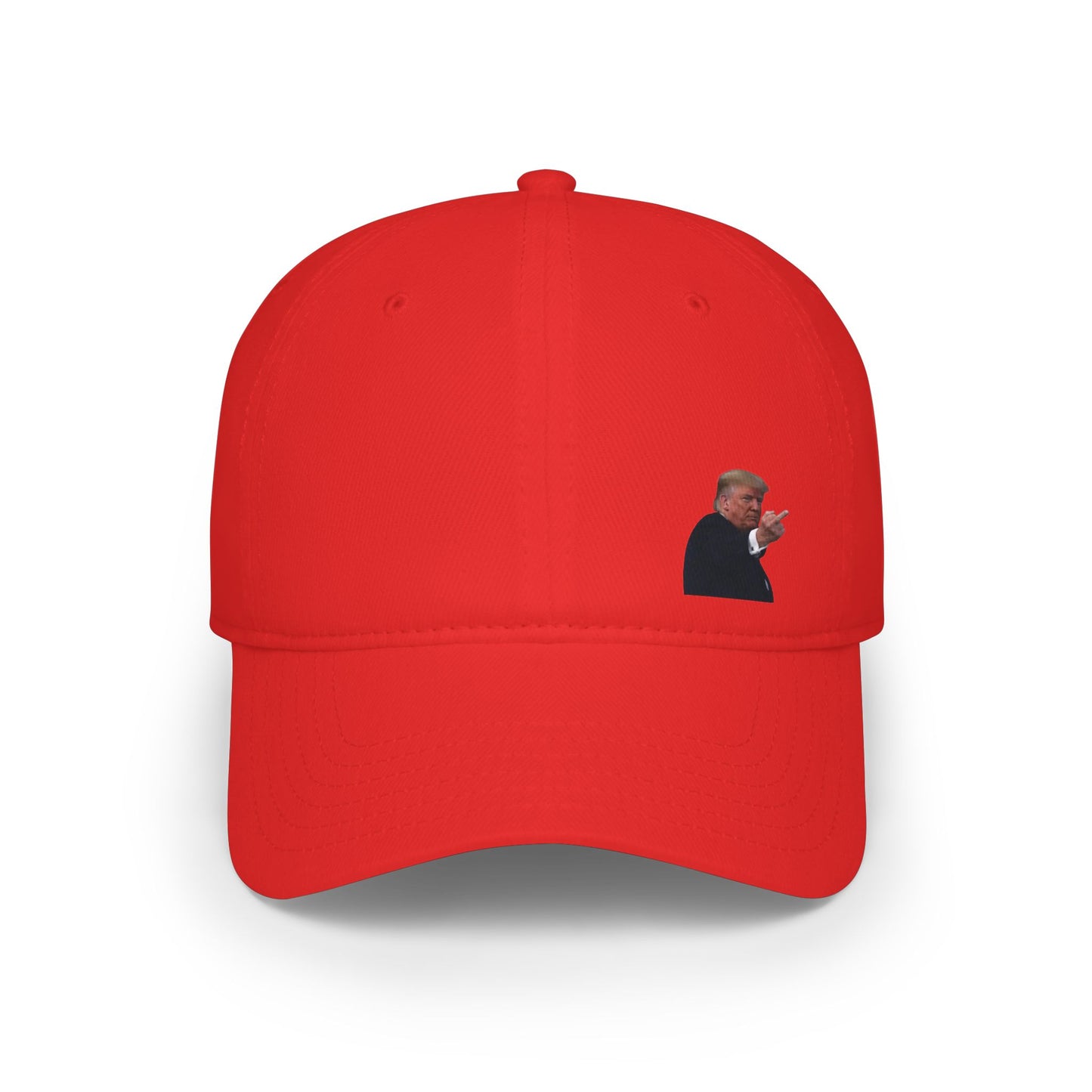 Front view of red baseball cap with subtle Trump gesture embroidery from the Ford plant meme