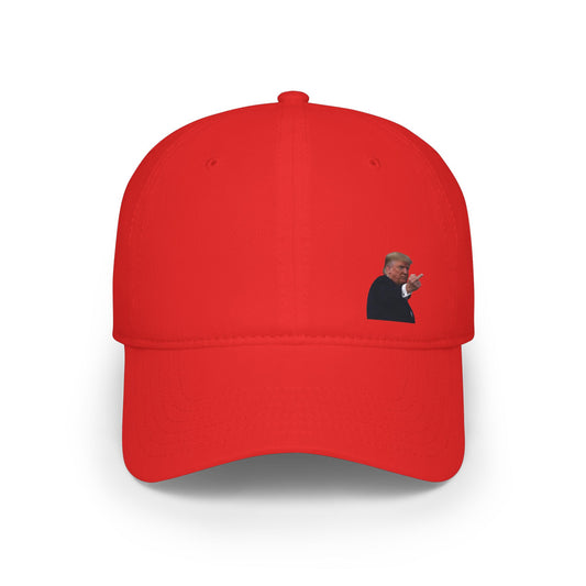Front view of red baseball cap with subtle Trump gesture embroidery from the Ford plant meme