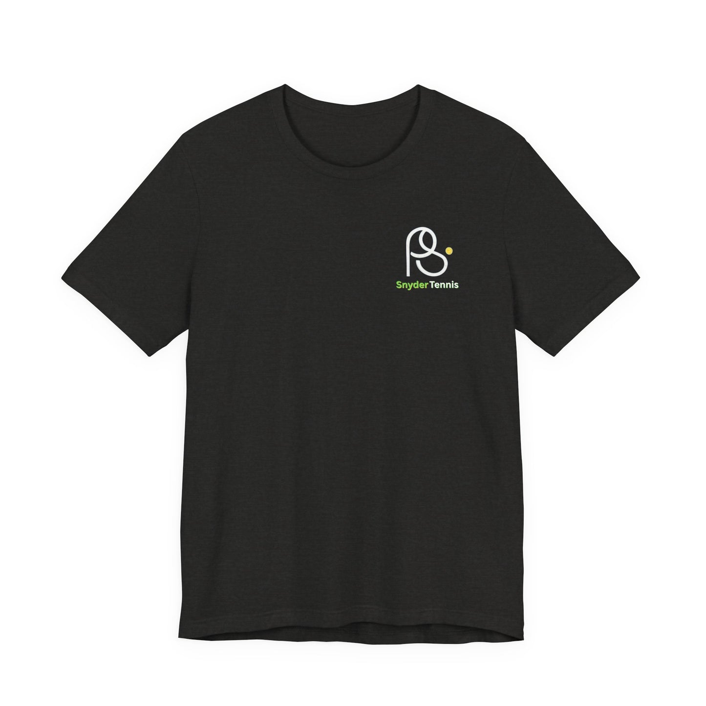 Front view of black Harrison TC Elite Pro Coach Pete Snyder t-shirt, white PS logo and green "PS Tennis" chest print