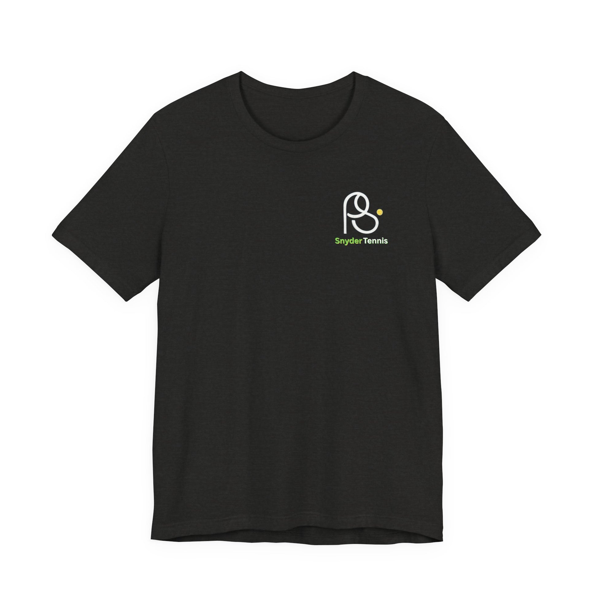 Front view of black Harrison TC Elite Pro Coach Pete Snyder t-shirt, white PS logo and green "PS Tennis" chest print