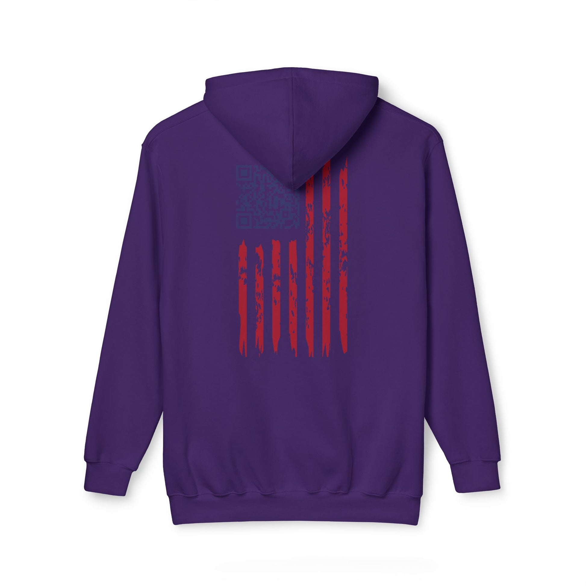 Flat lay back of purple hoodie showing beat-up American flag with brushstroke stripes