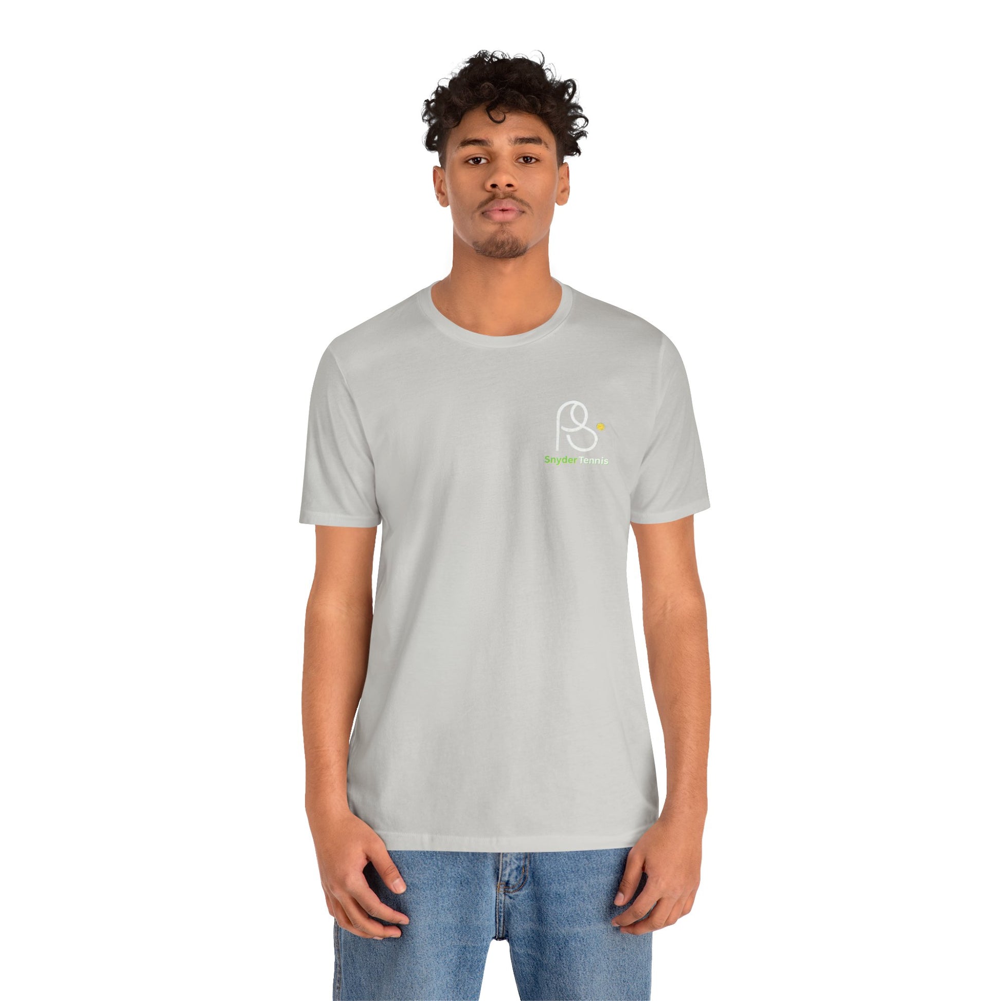 Male model front view in gray Coach Pete Snyder tee with PS chest logo, casual jeans style