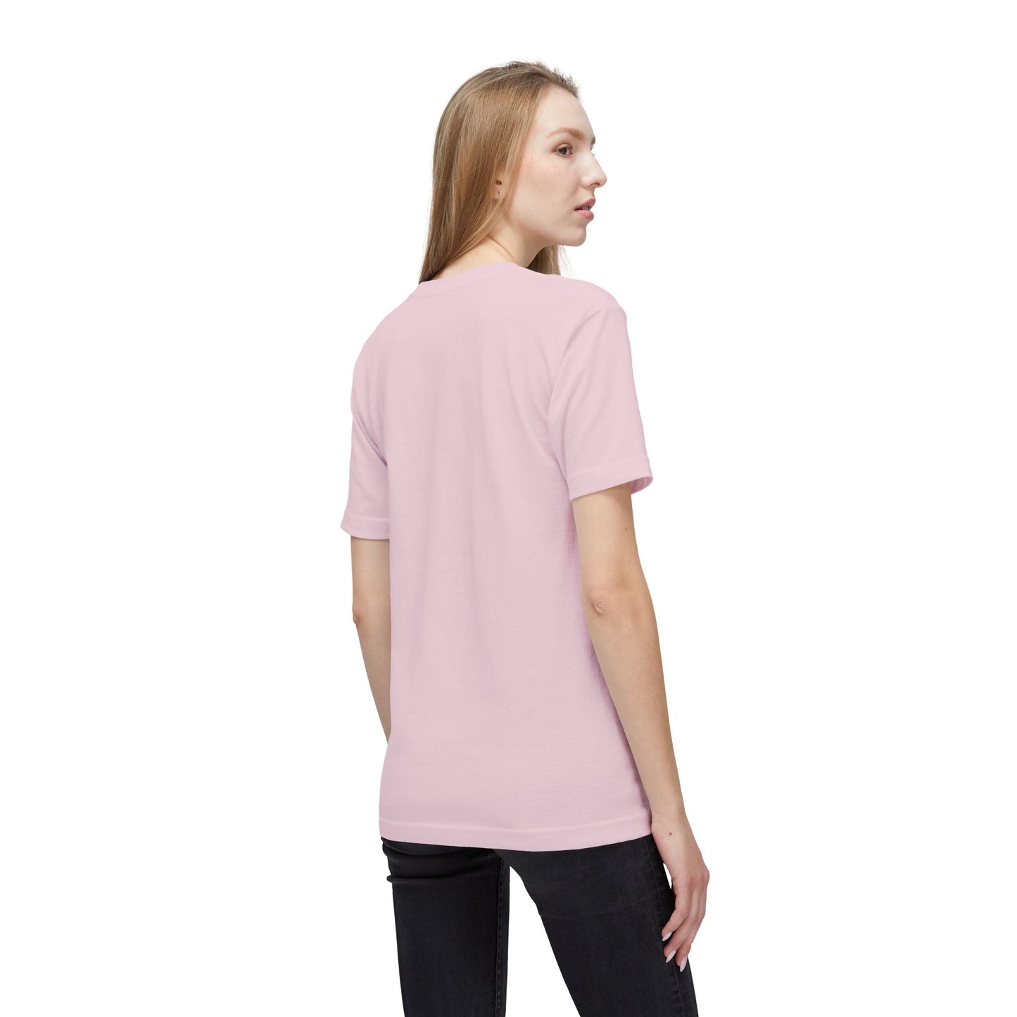 Back view of light pink tee on model in jeans, no print drama here